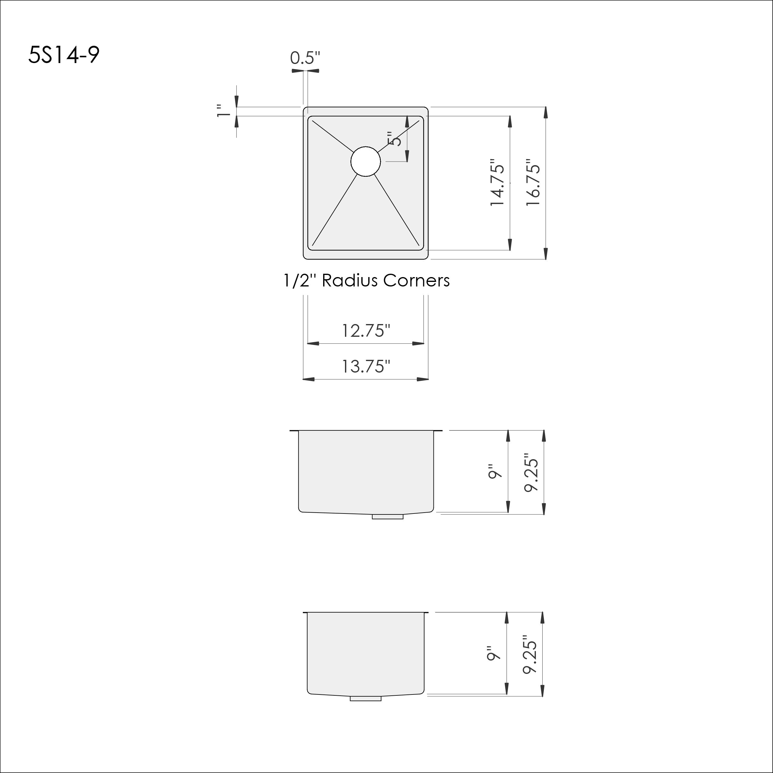 Dimensions of Create Good Sinks' 14 inch stainless steel undermount traditional bar sink