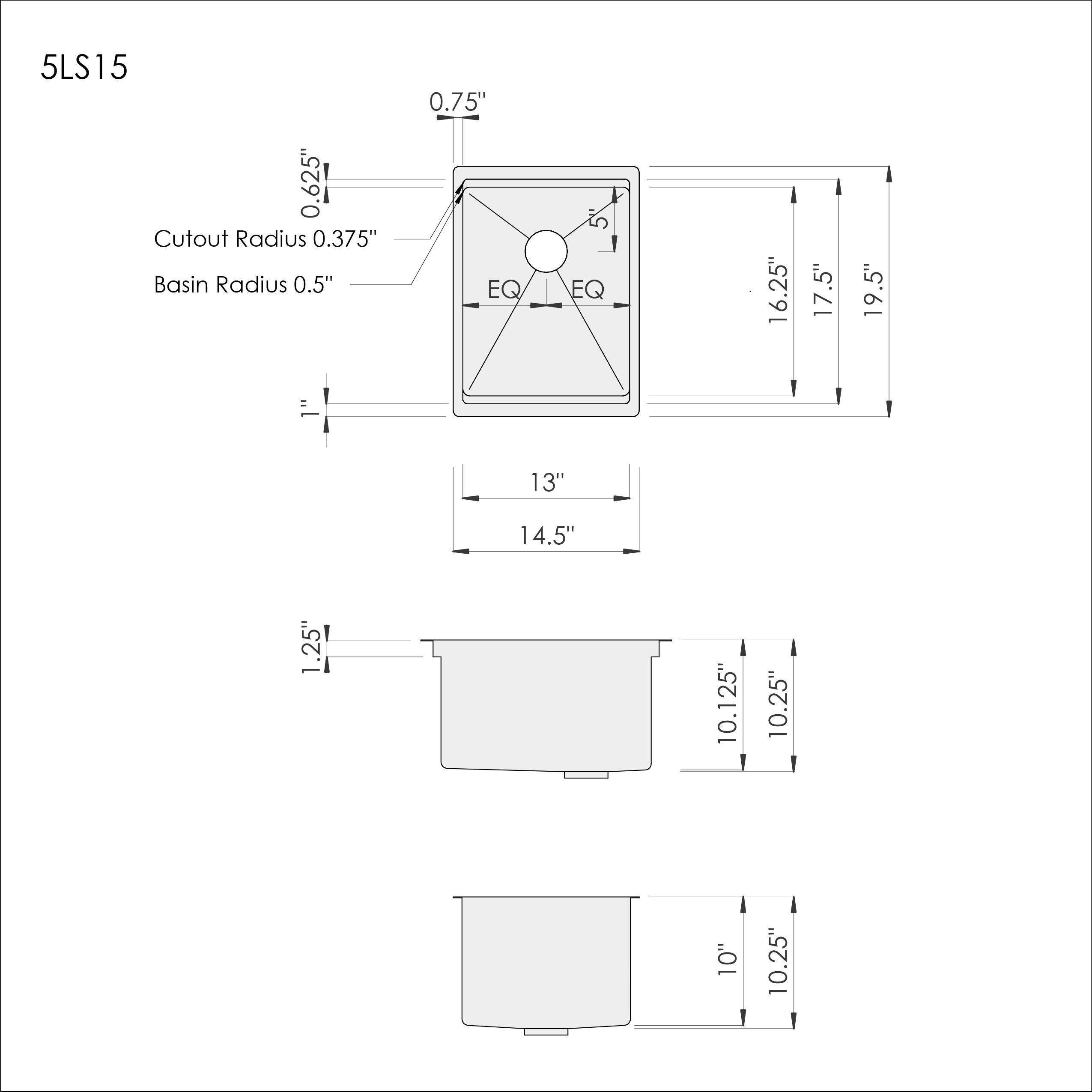 Technical drawing of the 15-inch stainless steel workstation bar sink with precise dimensions. Ideal for planning kitchen or bar installations.