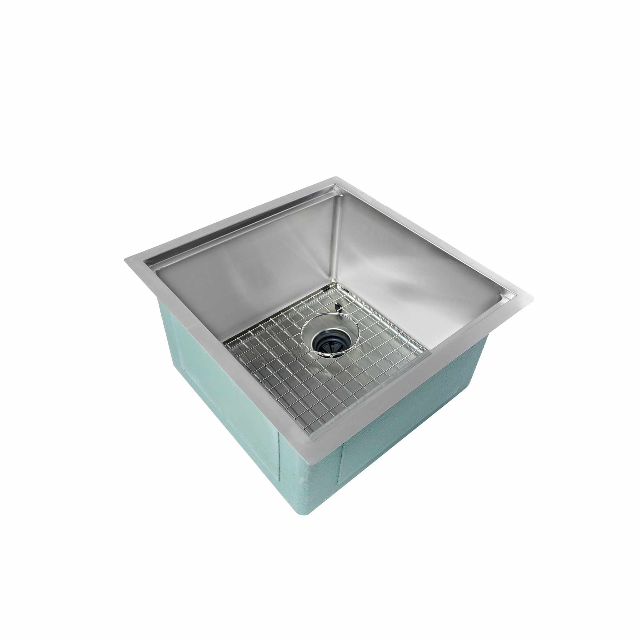 Stainless steel 19-inch undermount prep sink with a protective bottom grid. Single bowl design with an offset right drain for efficient water flow.