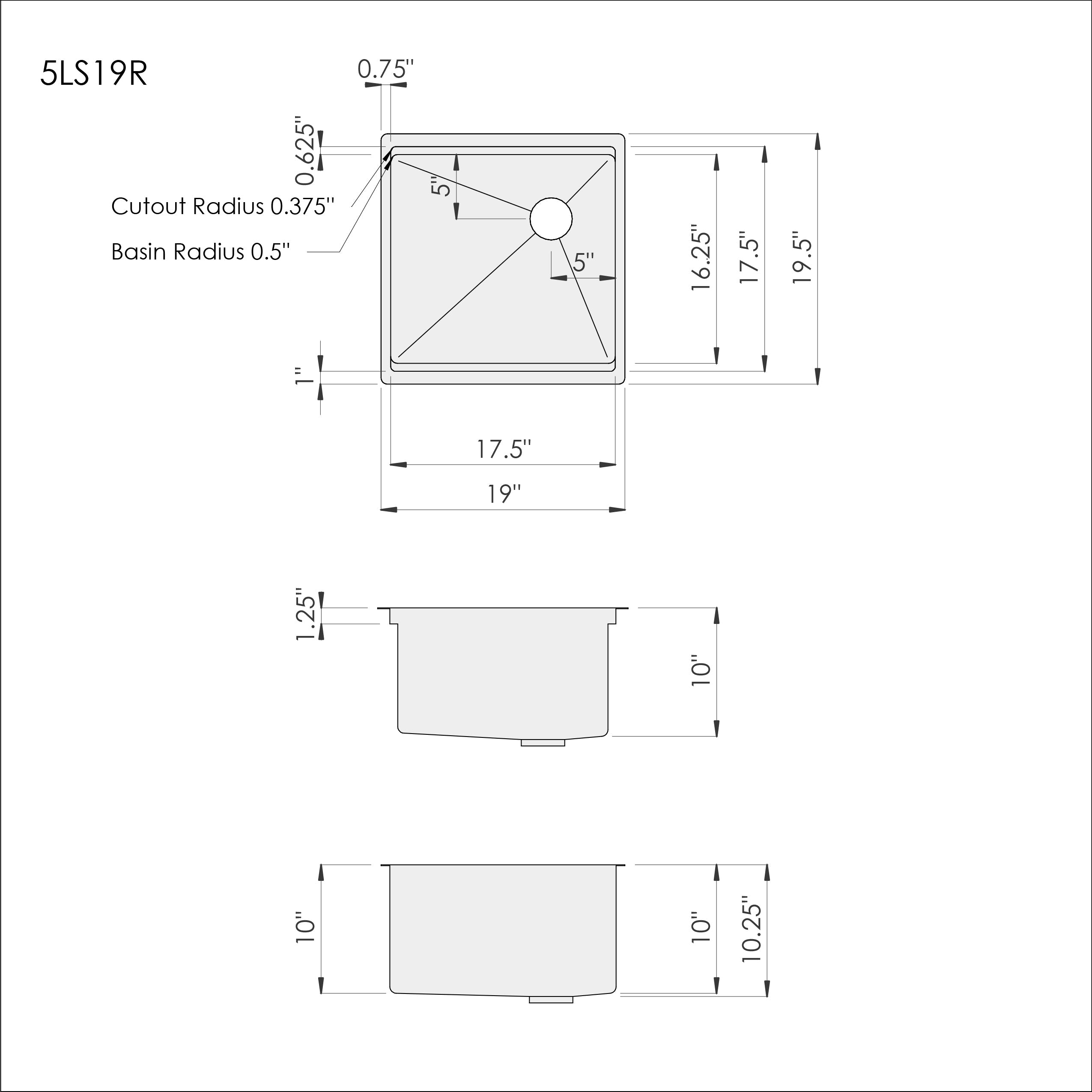 Technical drawing of the 19-inch workstation prep sink. Includes dimensions, cutout specifications, and basin radius details.