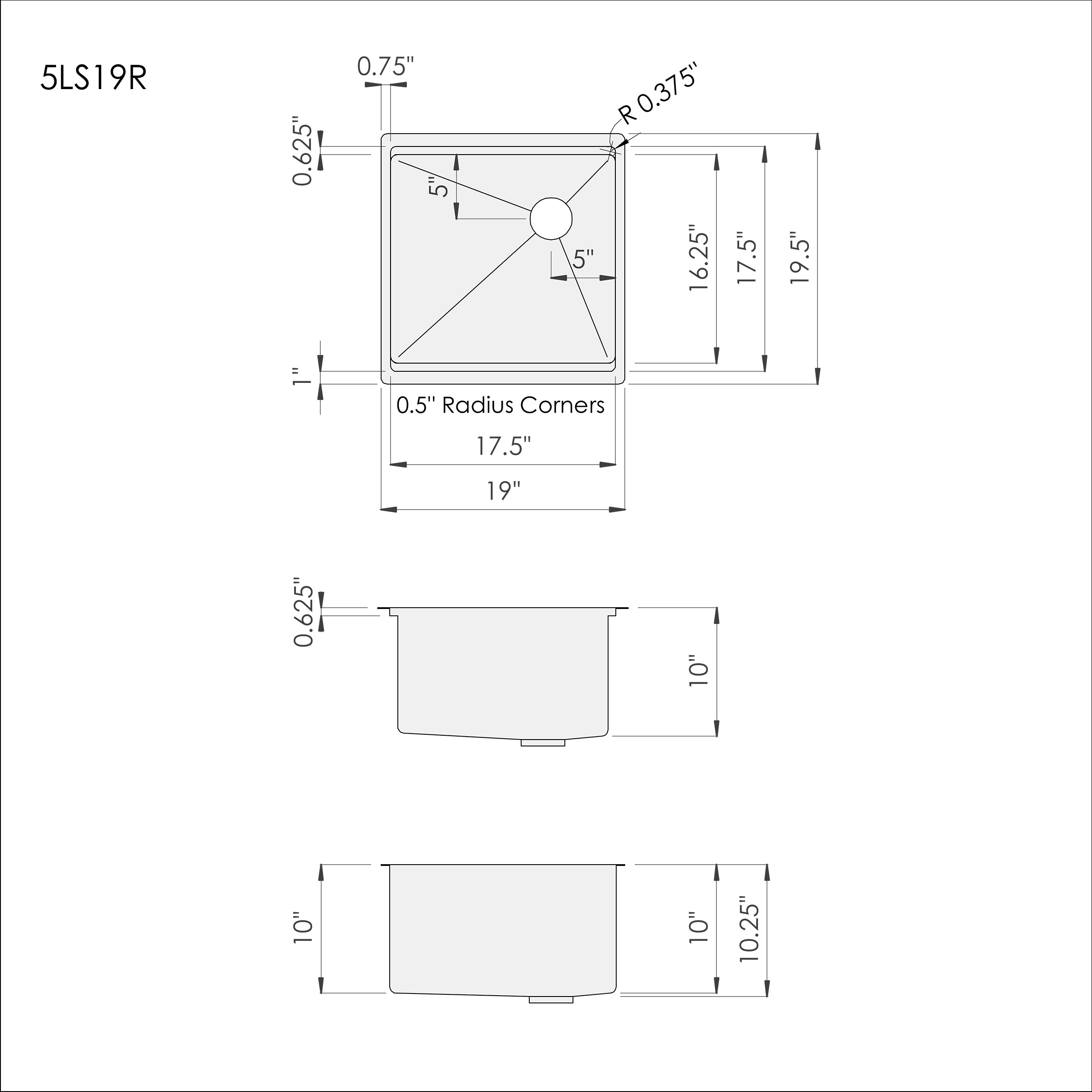 Technical drawing of the 19-inch workstation prep sink. Includes dimensions, cutout specifications, and basin radius details.