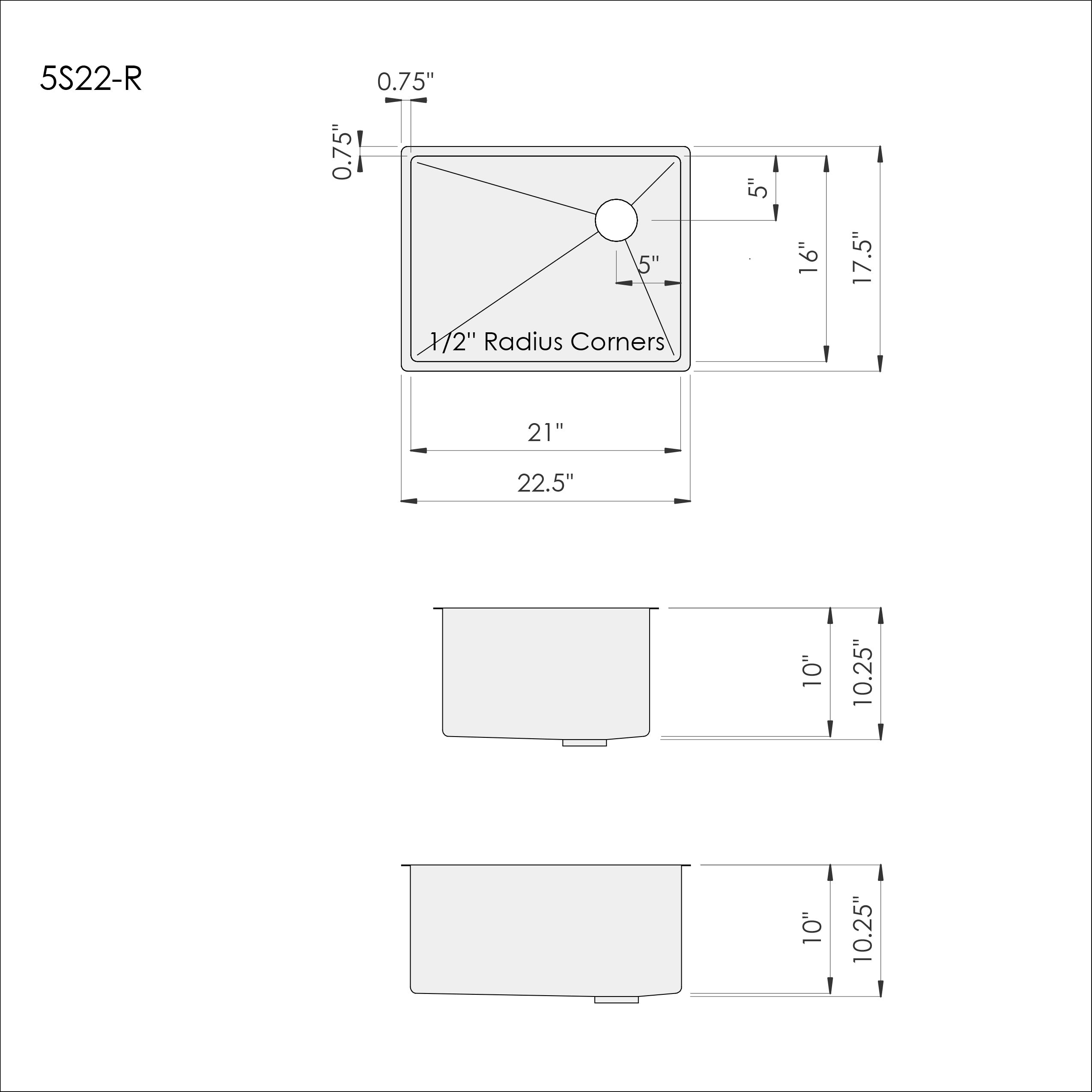 Technical diagram of 22-inch stainless steel undermount prep sink. Displays dimensions, 1/2-inch radius corners, and right offset drain placement.
