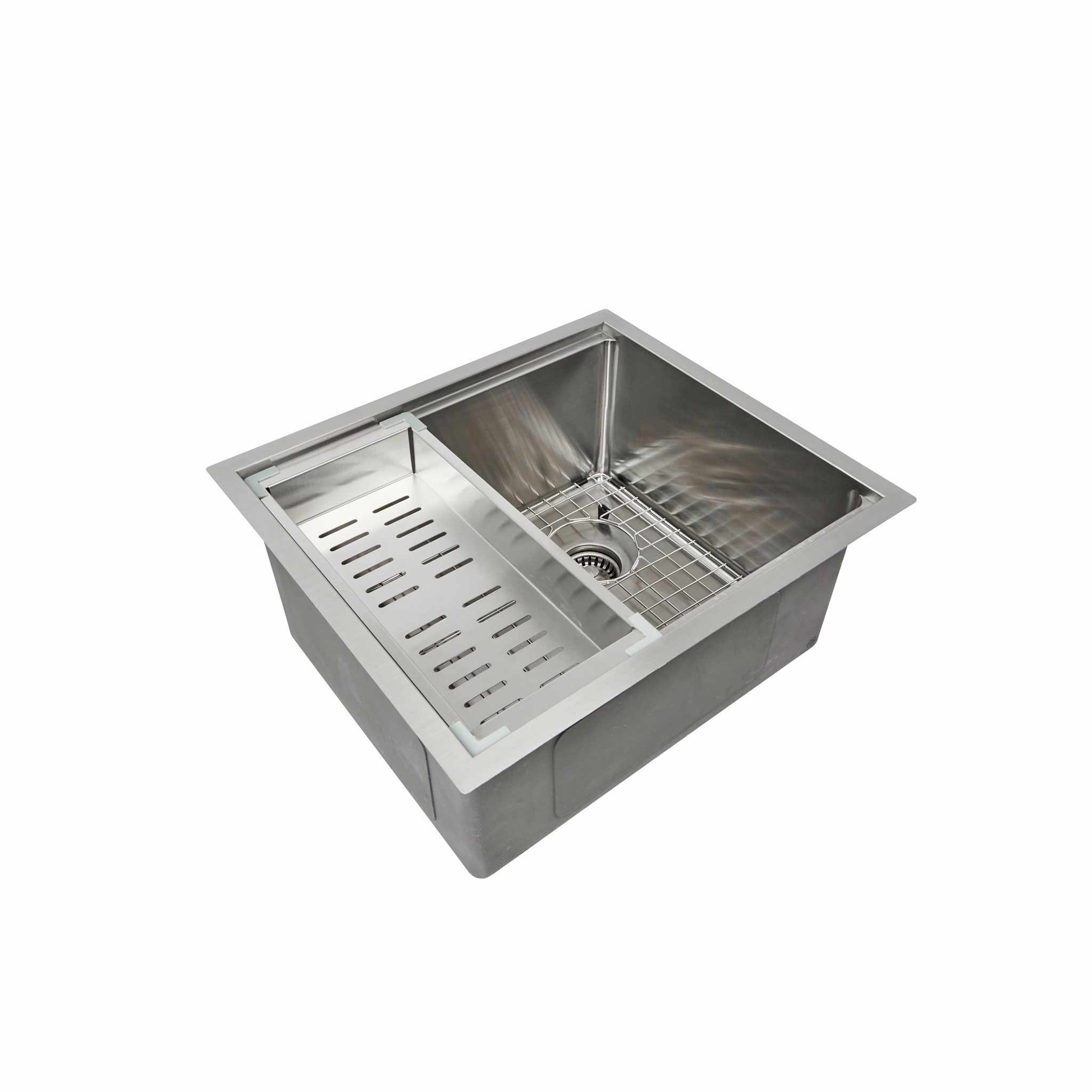 22”, stainless steel workstation prep sink with offset seamless drain, basin grid, and colander accessory for the built in ledge.