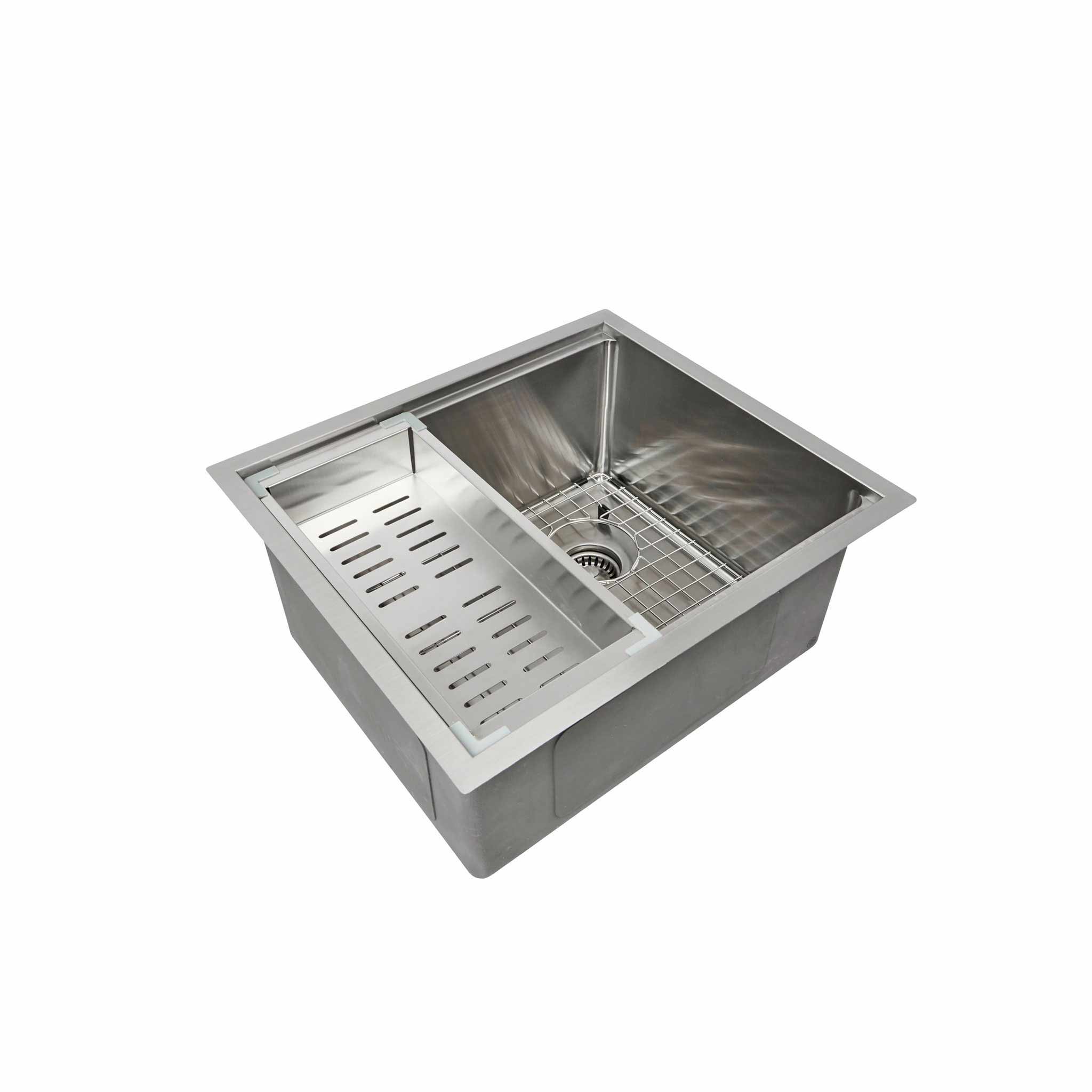 22-inch workstation prep sink with a stainless steel single bowl and offset drain on the right. Includes a slotted drying tray and protective grid.