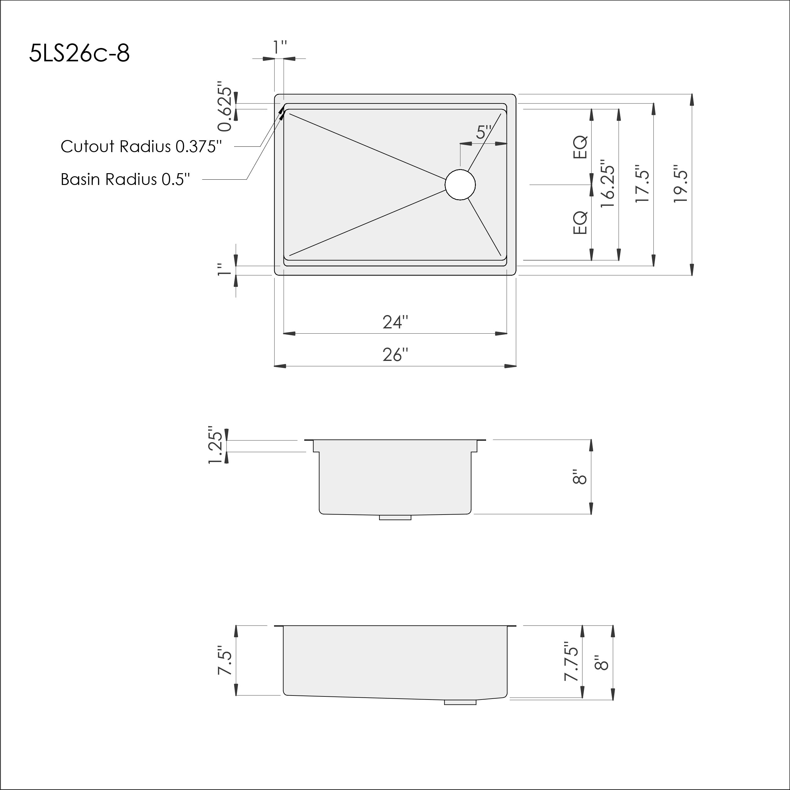26 inch single bowl stainless steel undermount workstation sink dimensions with 8 inch depth and reversible offset drain