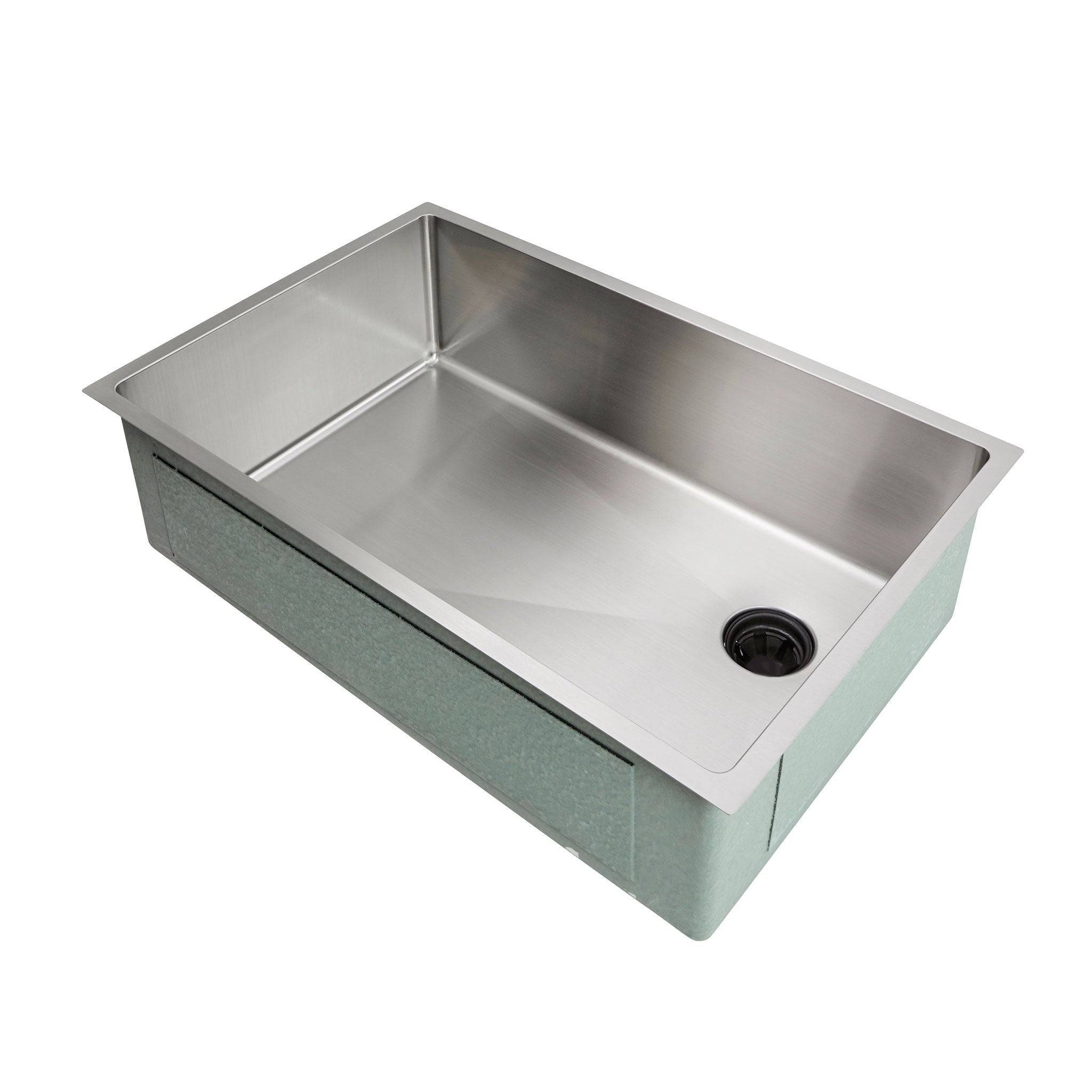 28-inch undermount single bowl kitchen sink with offset right drain, made of 16-gauge stainless steel and featuring 8-inch depth and 1/2-inch radius corners.