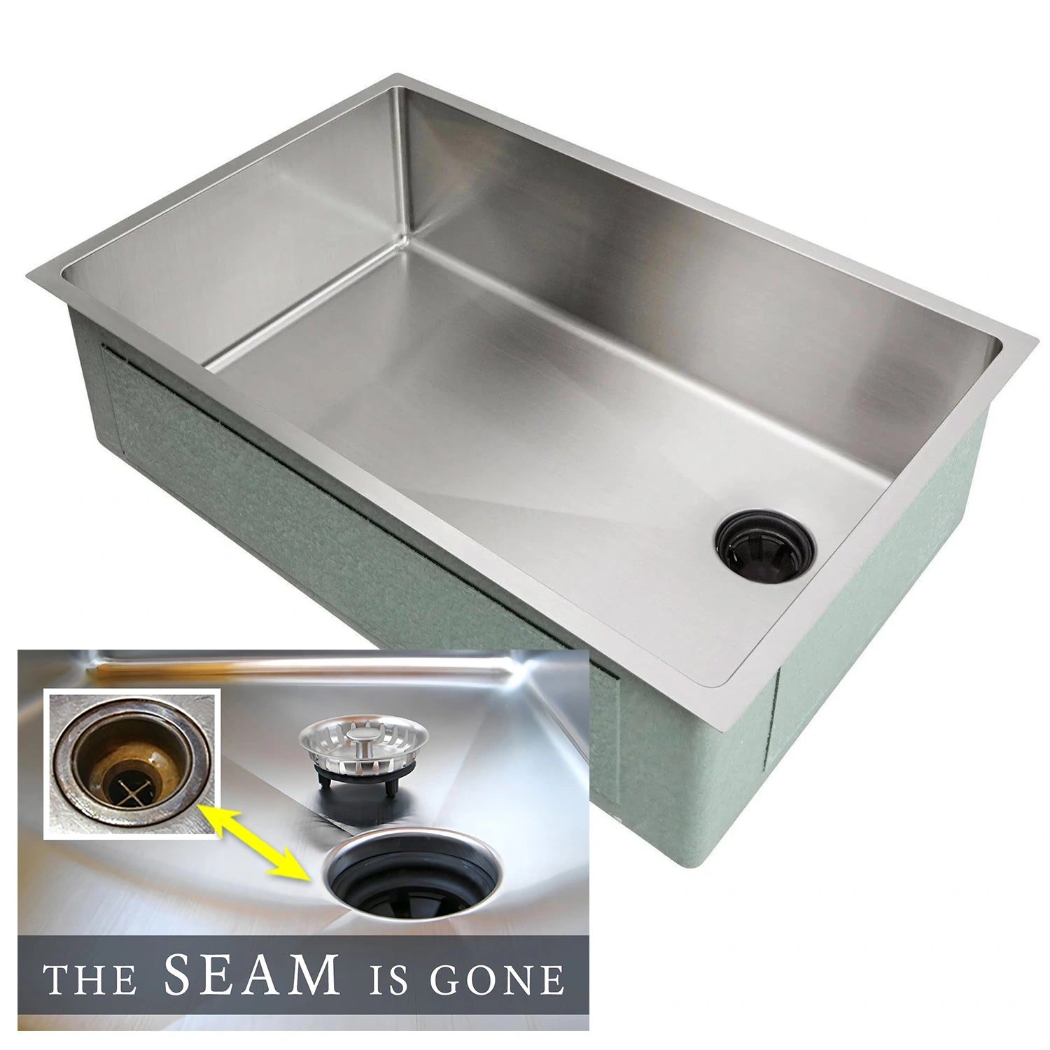 28-inch undermount single bowl kitchen sink with offset right drain, made of 16-gauge stainless steel and featuring 8-inch depth and 1/2-inch radius corners.