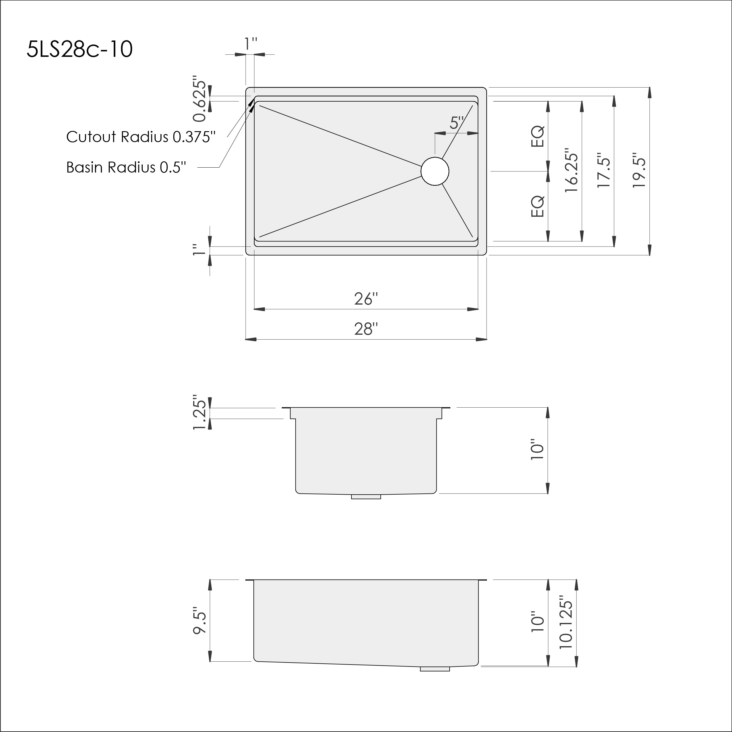 Dimensions of CGS 28 inch stainless steel undermount workstation sink with reversible offset drain and 10 inch depth
