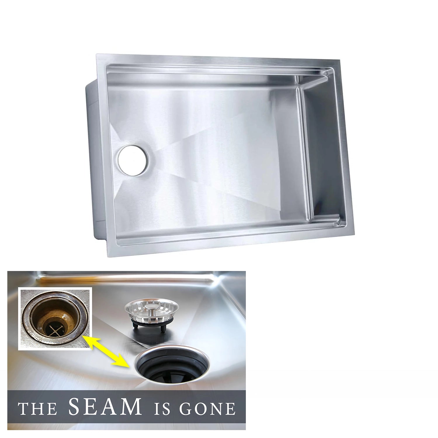 The Seam is Gone. 28 inch stainless steel undermount workstation sink with eight inch depth and reversible seamless drain.
