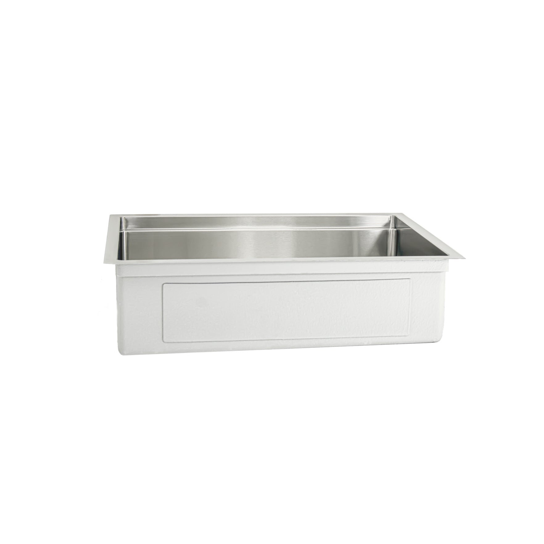 Side view of exterior 28 inch stainless steel undermount workstation sink with eight inch depth and reversible seamless drain