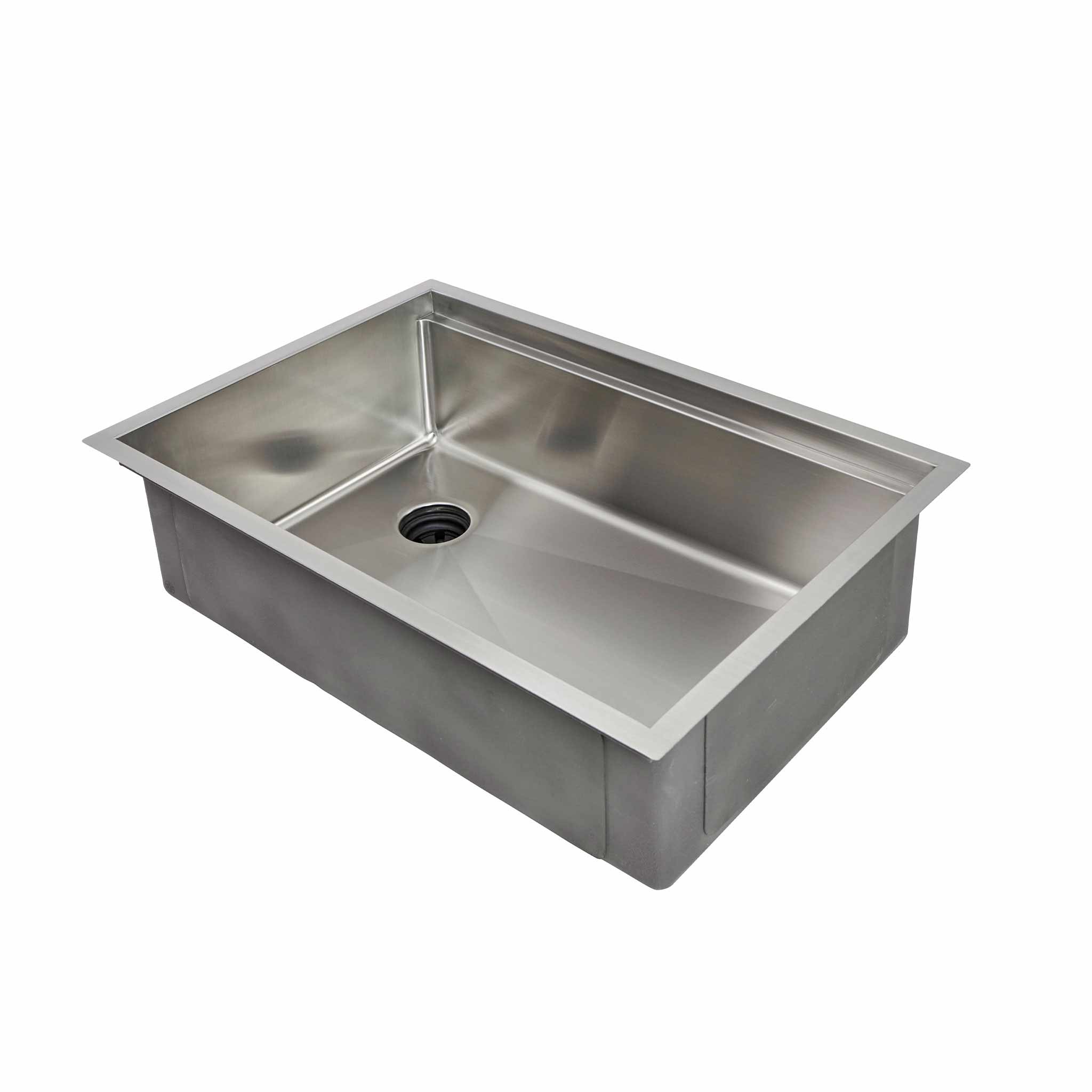 28 inch, workstation sink with offset drain to the left and an 8” depth and Create Good Sinks' patented seamless drain.