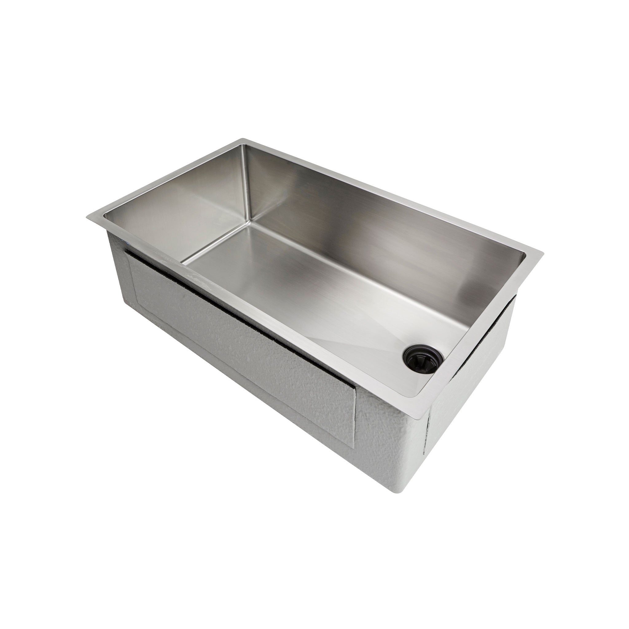 30” non-ledge, stainless steel kitchen sink with offset seamless drain on the right.