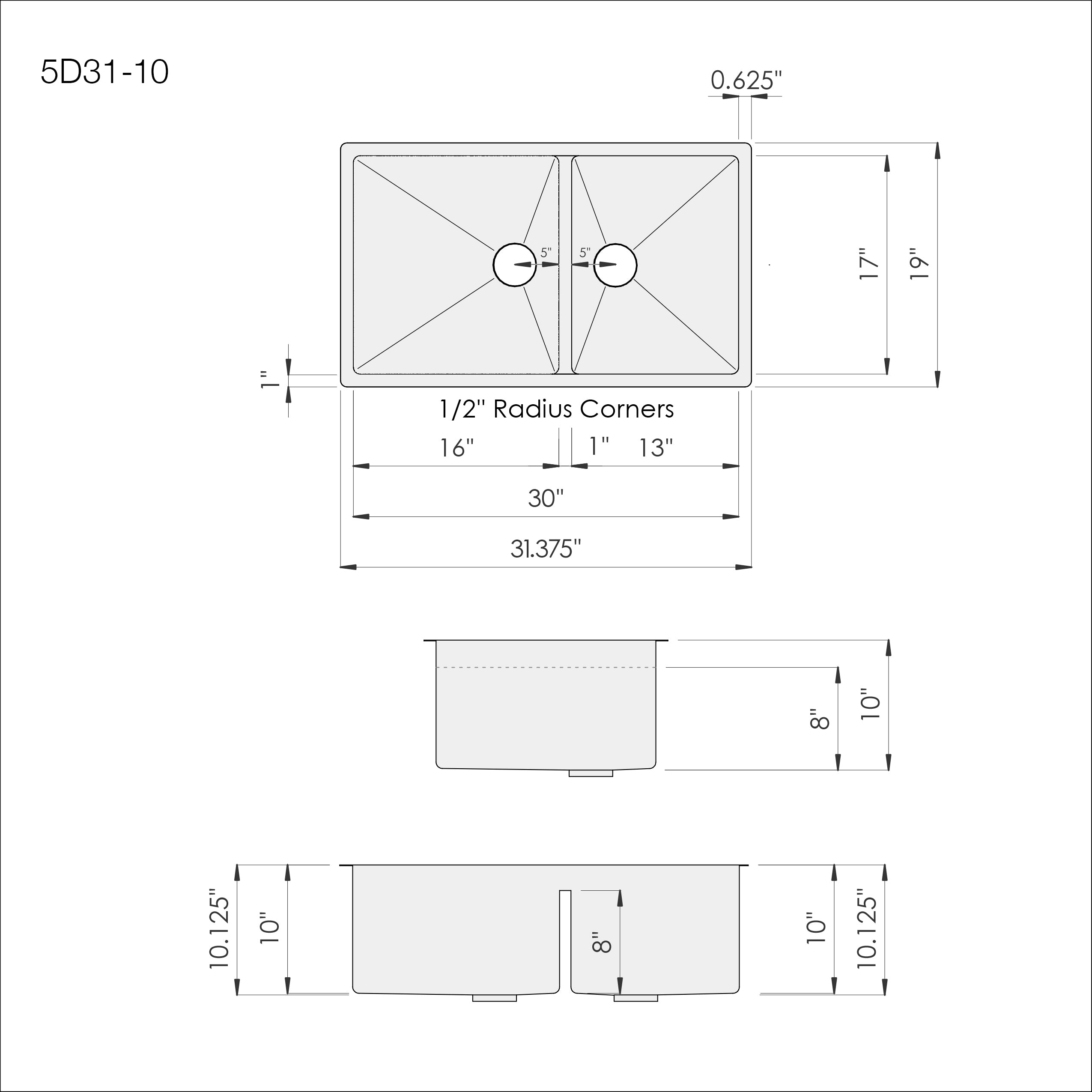 Dimensions of Create Good Sinks' 31.25" Stainless Steel undermount double bowl kitchen sink with 60/40 split, half inch radius corners, and low divide