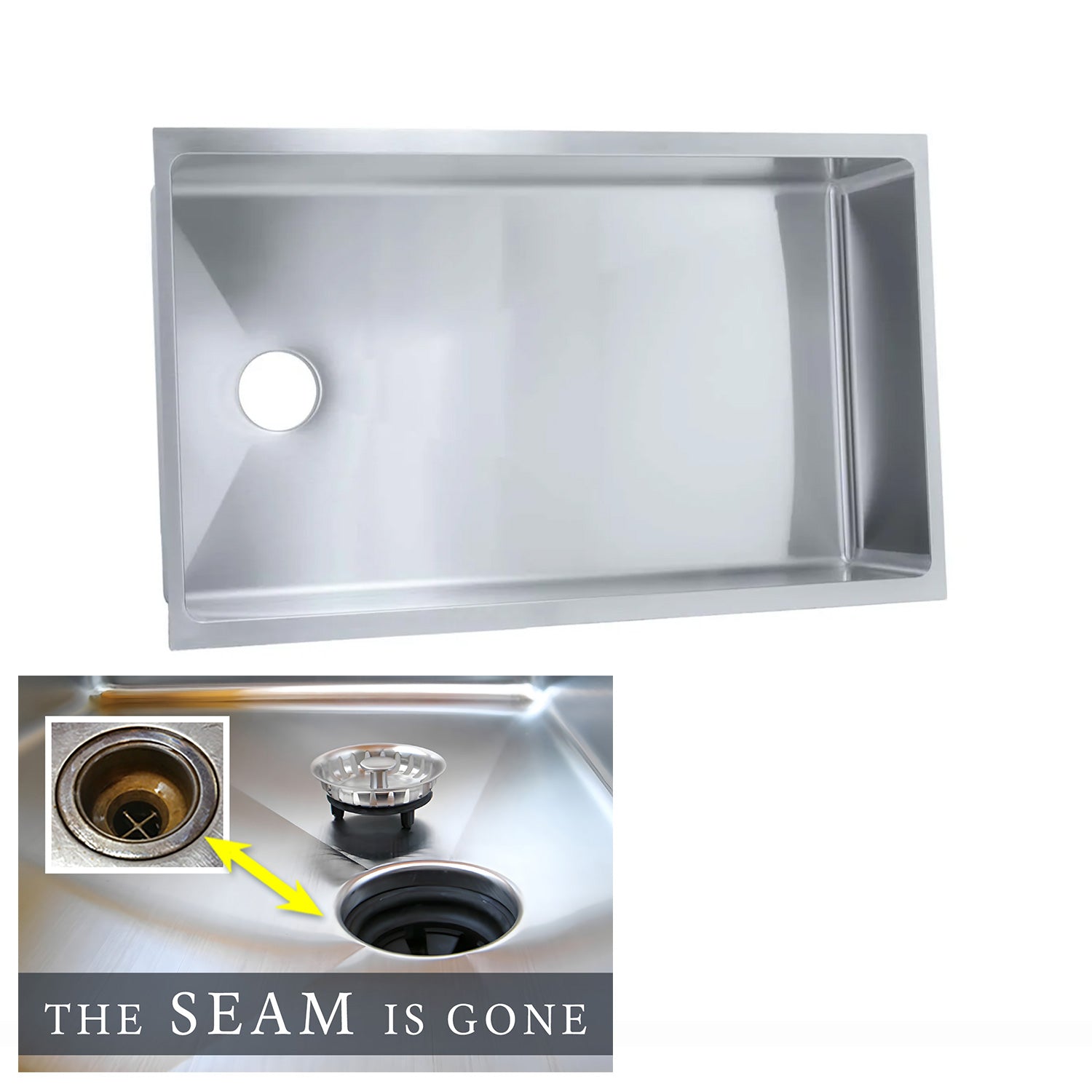 Top view of 31-inch stainless steel undermount kitchen sink with single bowl, showcasing its offset reversible drain and seamless construction.