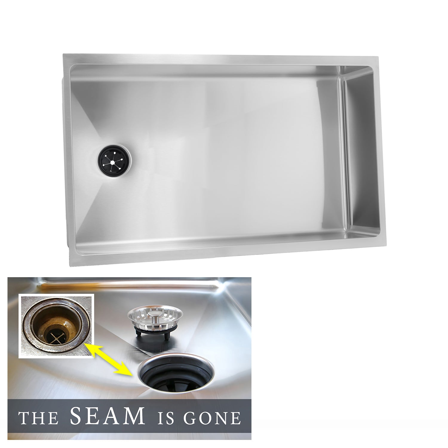 Top view of 31-inch stainless steel undermount kitchen sink with single bowl, showcasing its offset reversible drain and seamless construction.