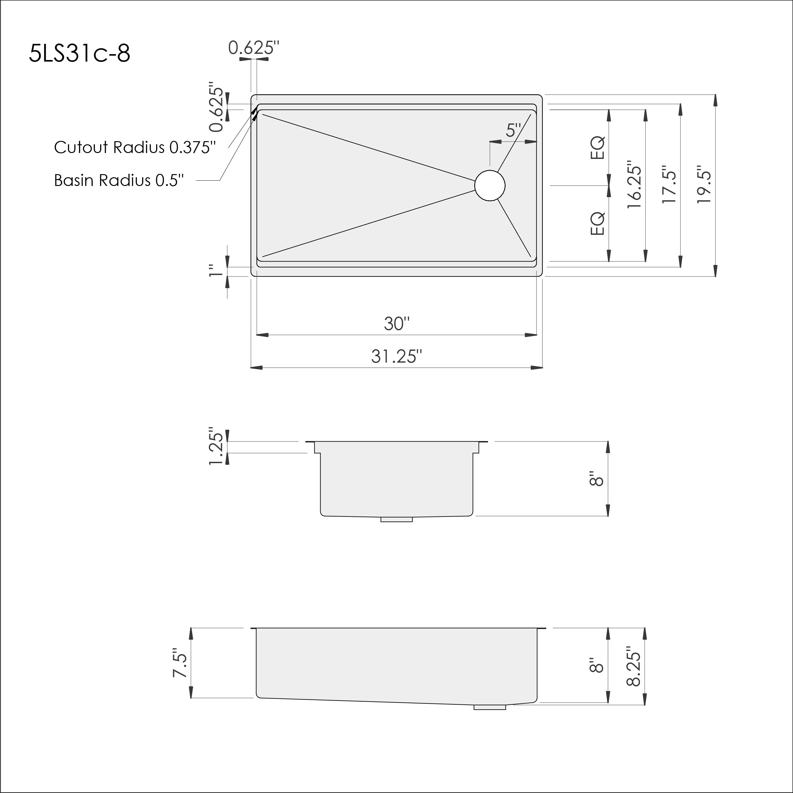 Technical drawing of the 31-inch workstation kitchen sink, detailing dimensions, cutout radius, and offset drain placement for precise installation.