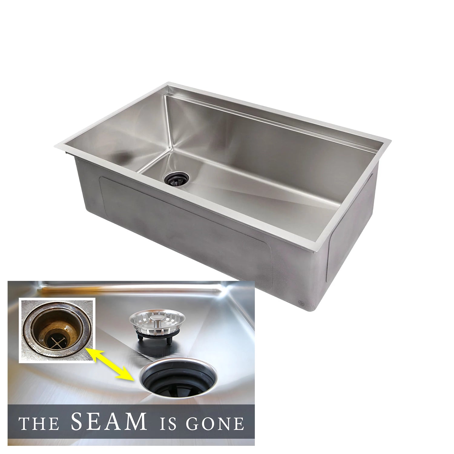 The Seam is Gone. 31 inch stainless steel undermount workstation sink. Single basin kitchen sink with offset left drain