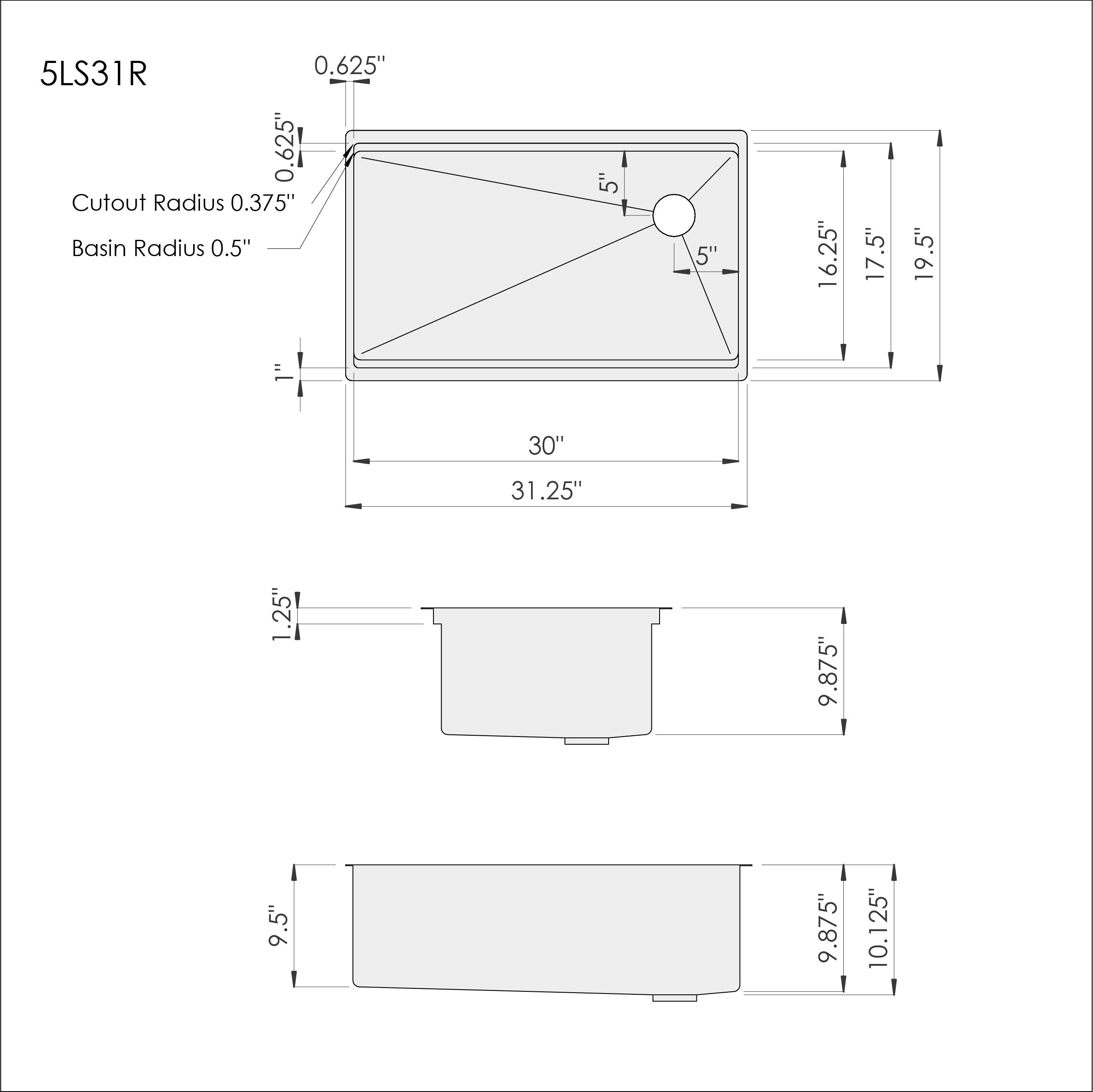Dimensions of Create Good Sinks 31 inch single bowl undermount workstation sink with offset drain to the right and 10 inch depth.