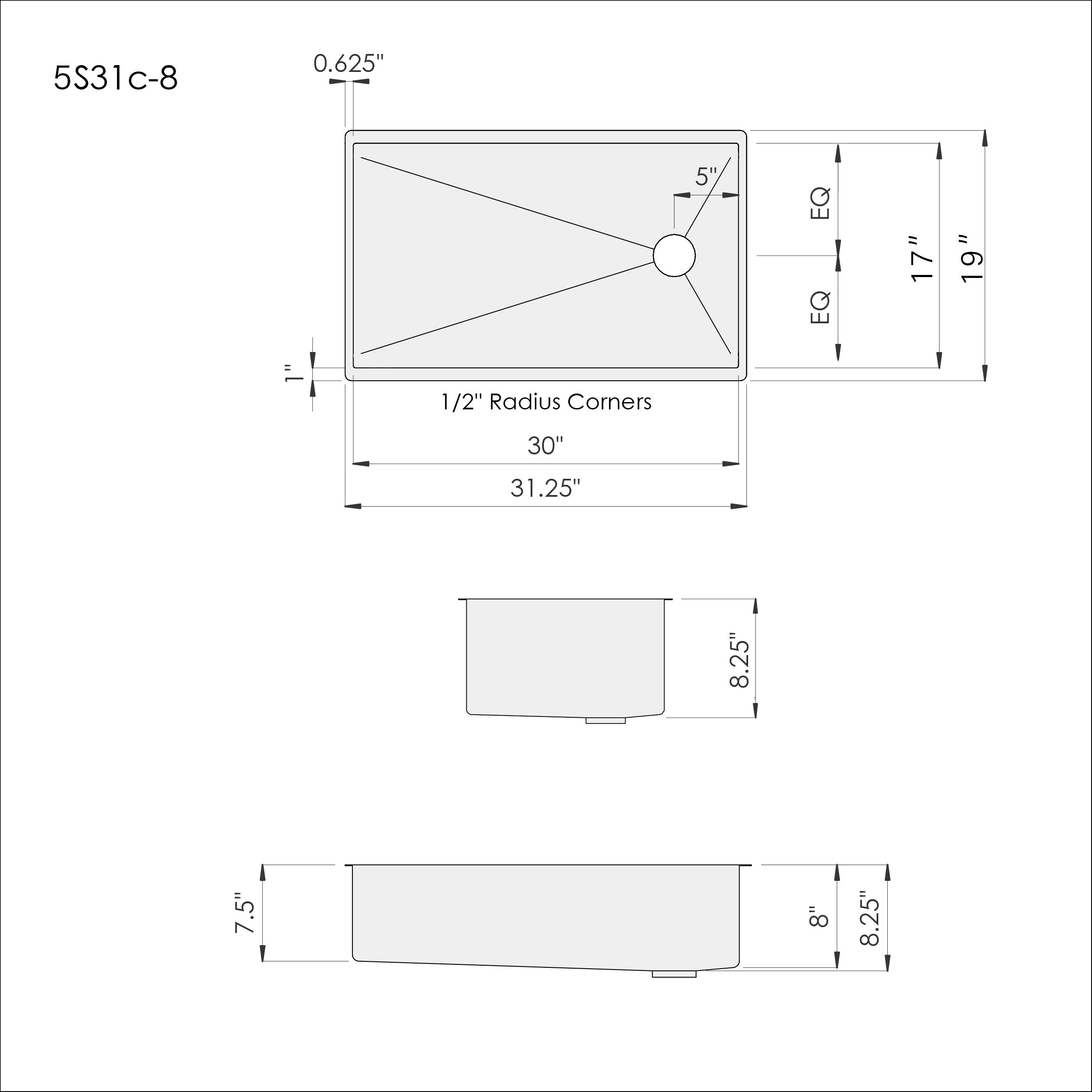 Technical drawing of 31-inch stainless steel undermount kitchen sink, detailing dimensions, 1/2-inch radius corners, and offset reversible drain placement.