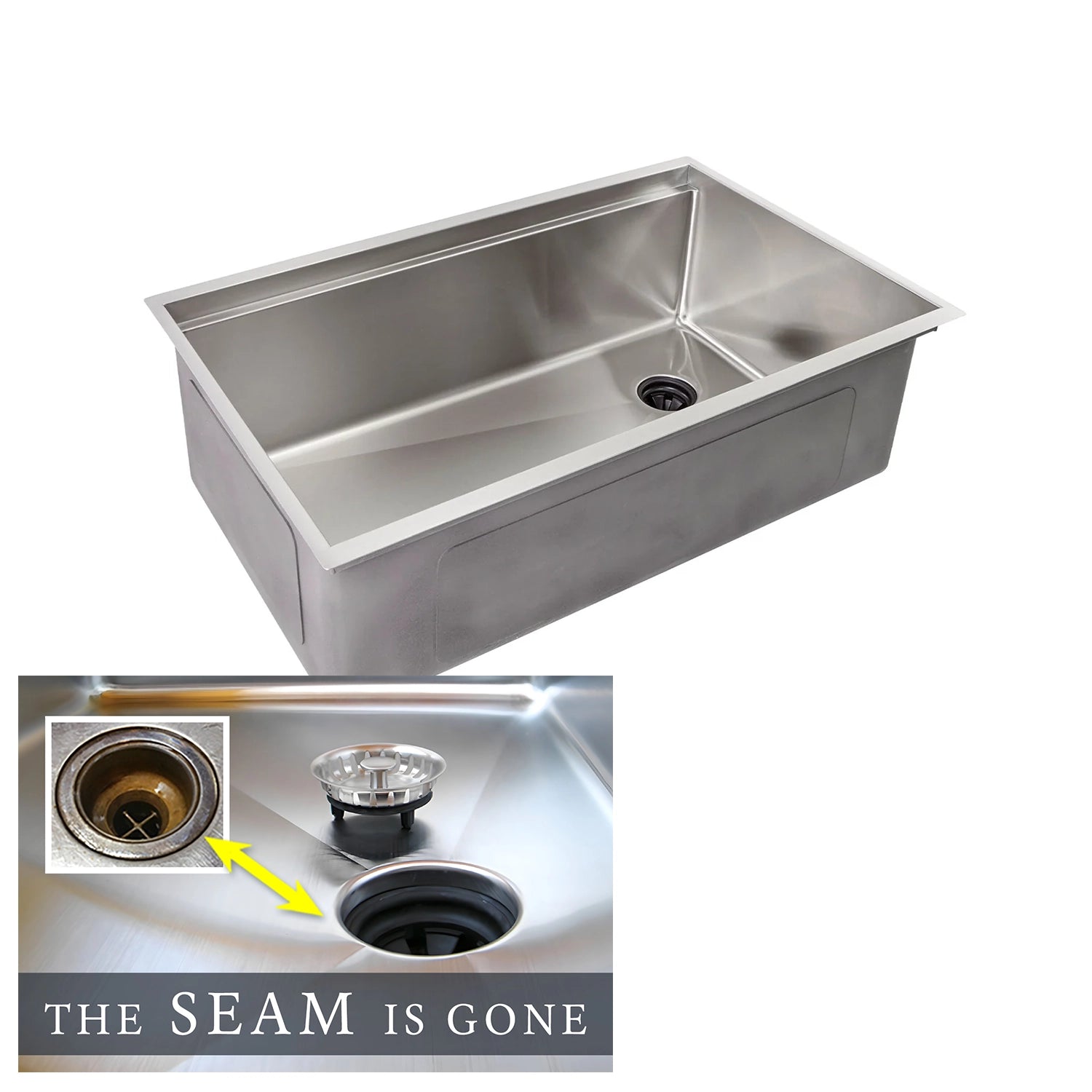 The Seam is Gone. 31 inch stainless steel undermount workstation sink. Single bowl kitchen sink with offset drain on the right.