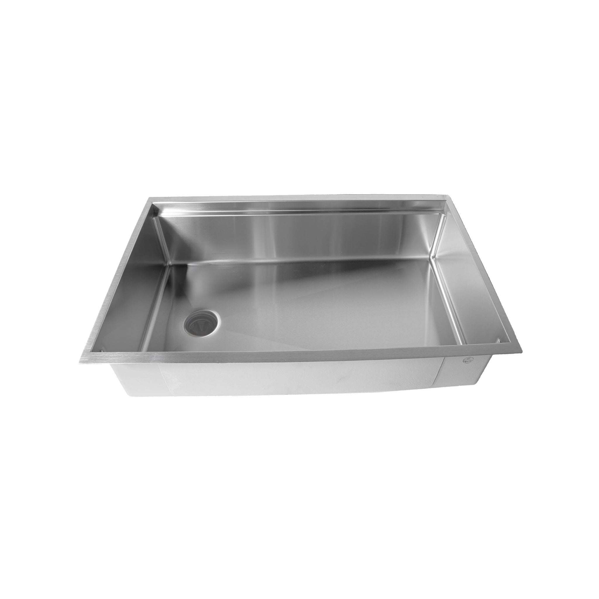 31” workstation sink from Create Good Sinks with a seamless, reversible drain in the center of the basin.