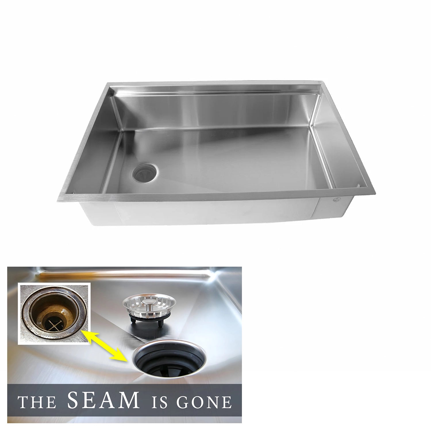 The Seam is Gone. 31-inch stainless steel workstation kitchen sink with an 8-inch depth and offset drain. Features a sleek undermount design with a reversible ledge.