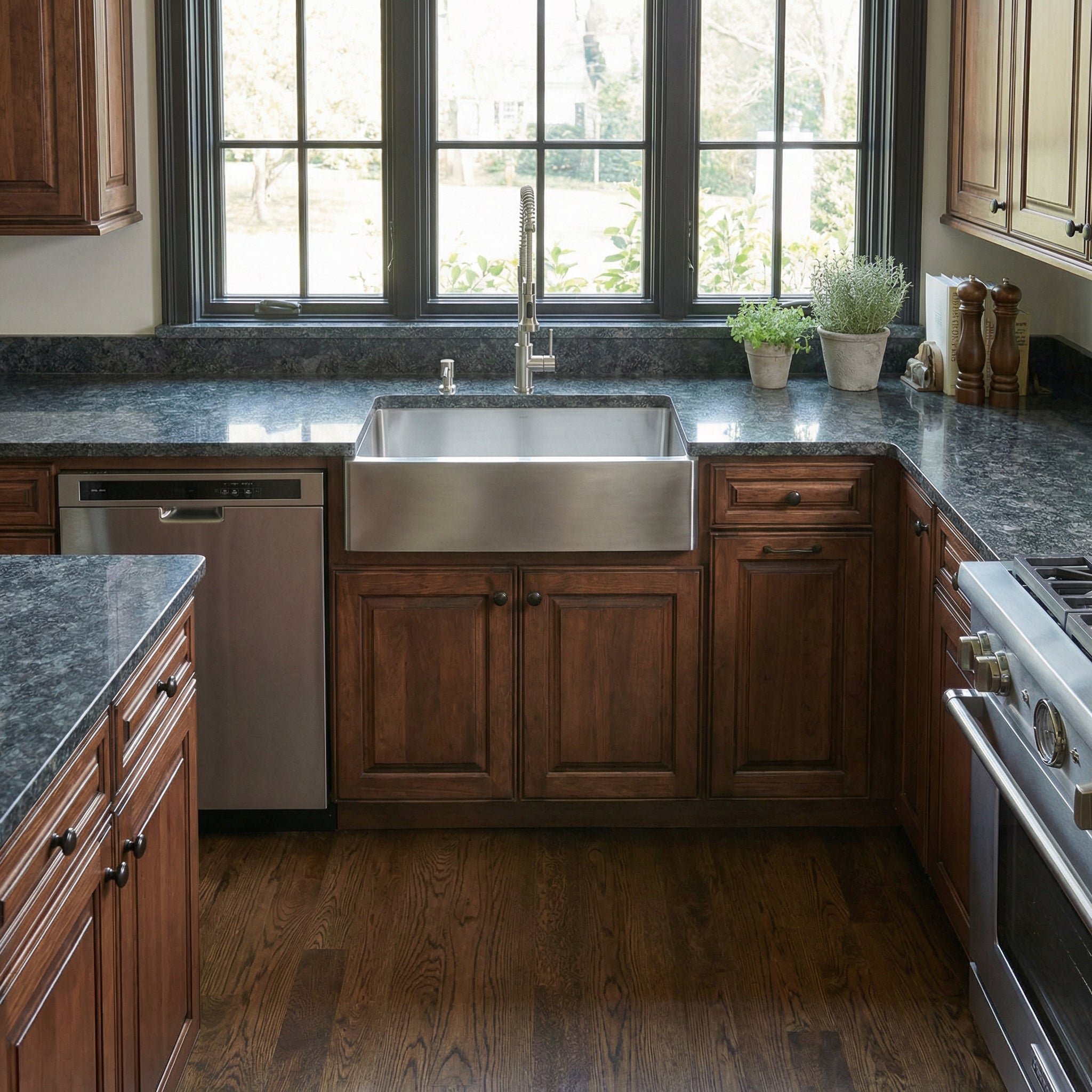 33 inch stainless steel apron front farmhouse sink with 8 inch depth in high end traditional rustic kitchen