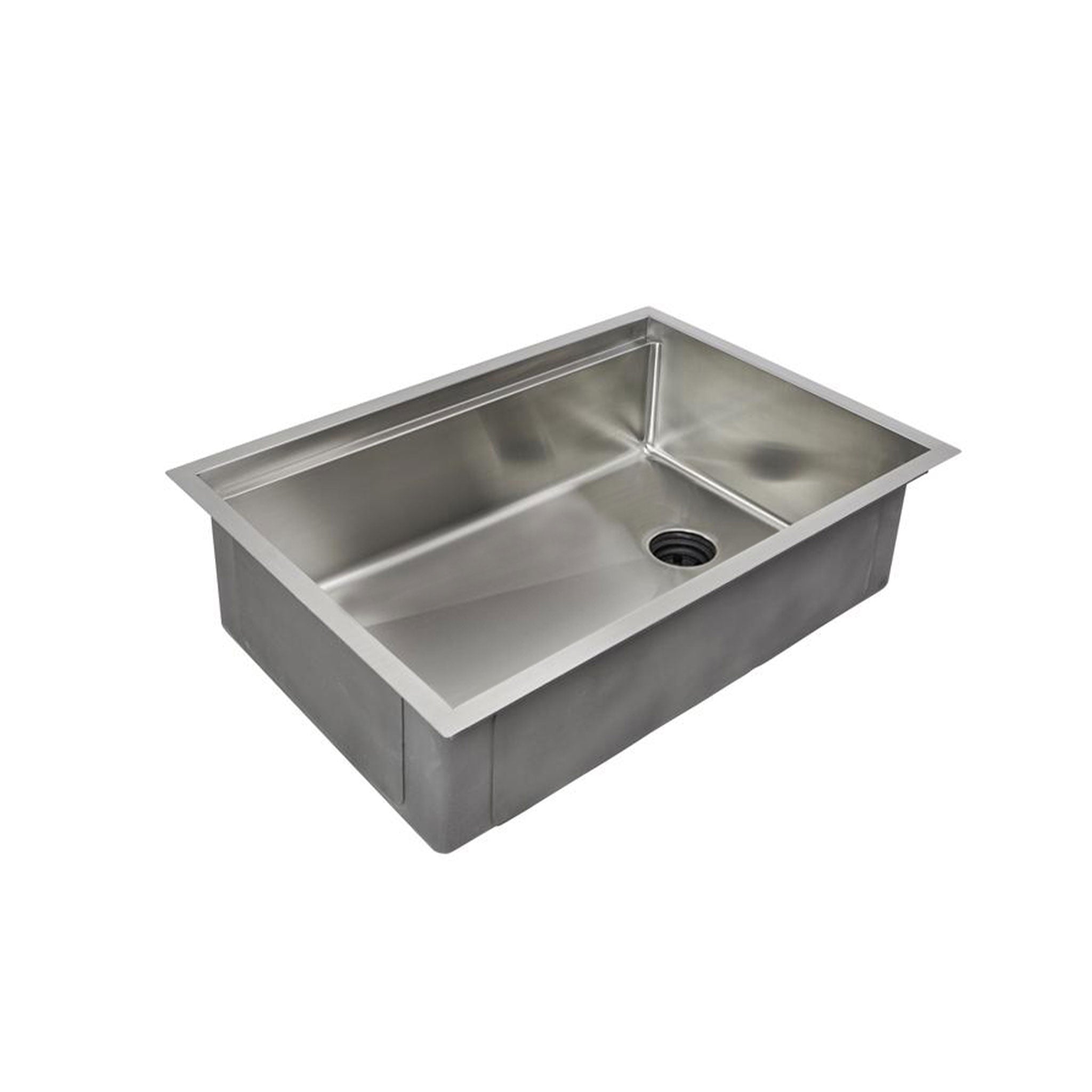 33 inch stainless steel single basin workstation sink with offset reversible drain, eight inch depth, and seamless undermount drain