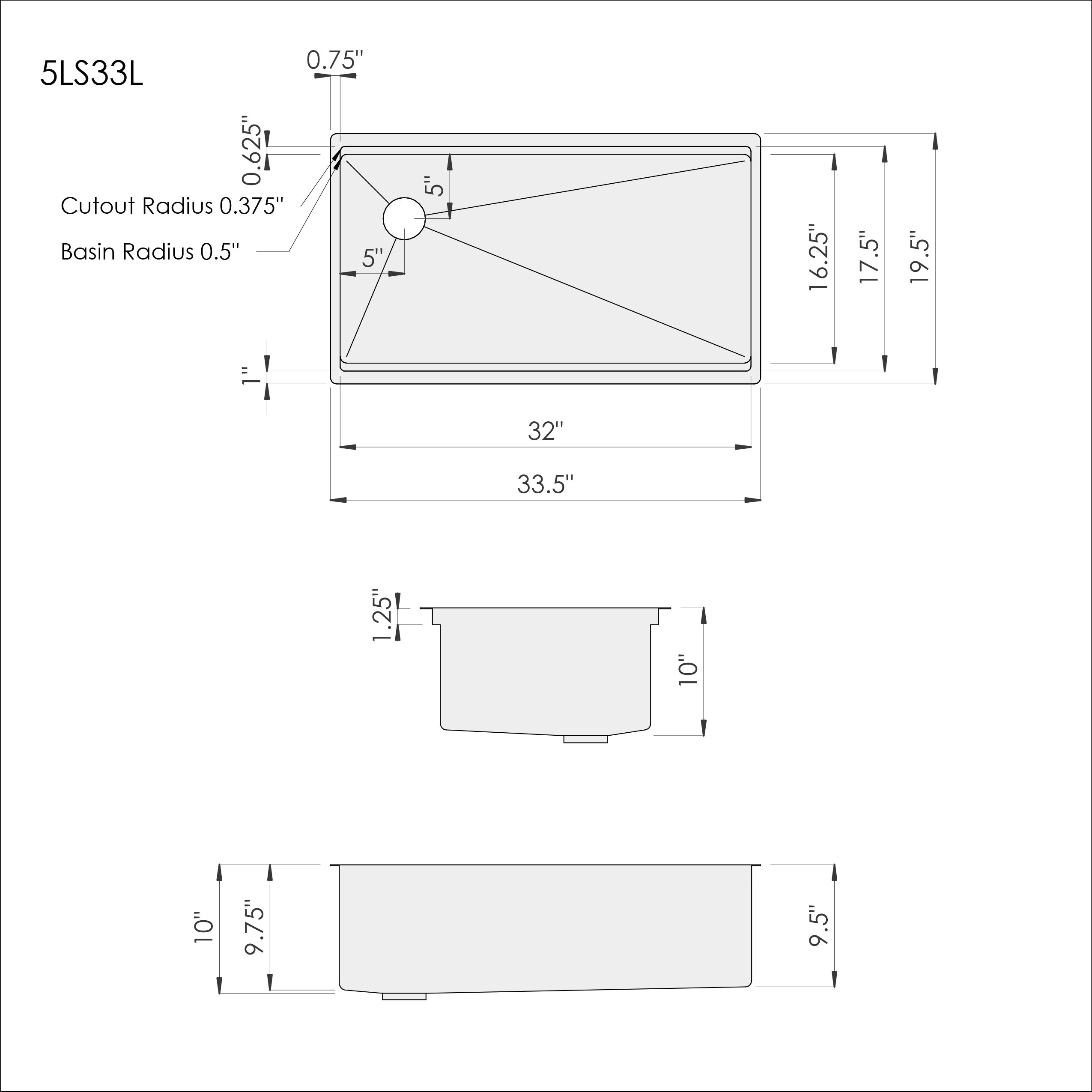 Dimensions of Create Good Sinks' 33 inch stainless steel undermount workstation sink with offset drain left and Patented seamless drain design.