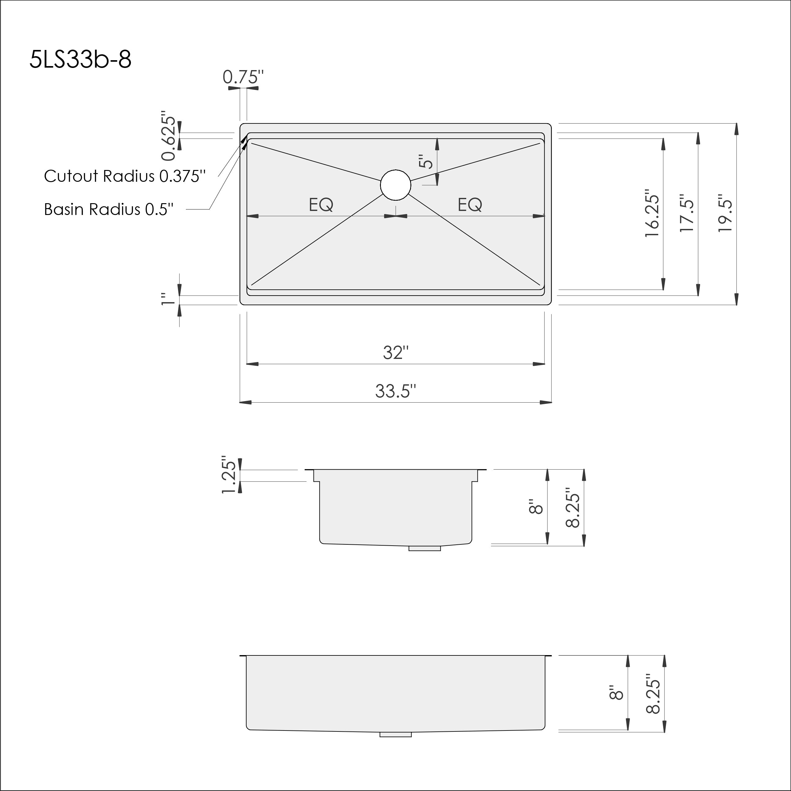 Technical drawing of 33-inch workstation sink with dimensions and specifications. Single bowl undermount design with center drain for precise installation.