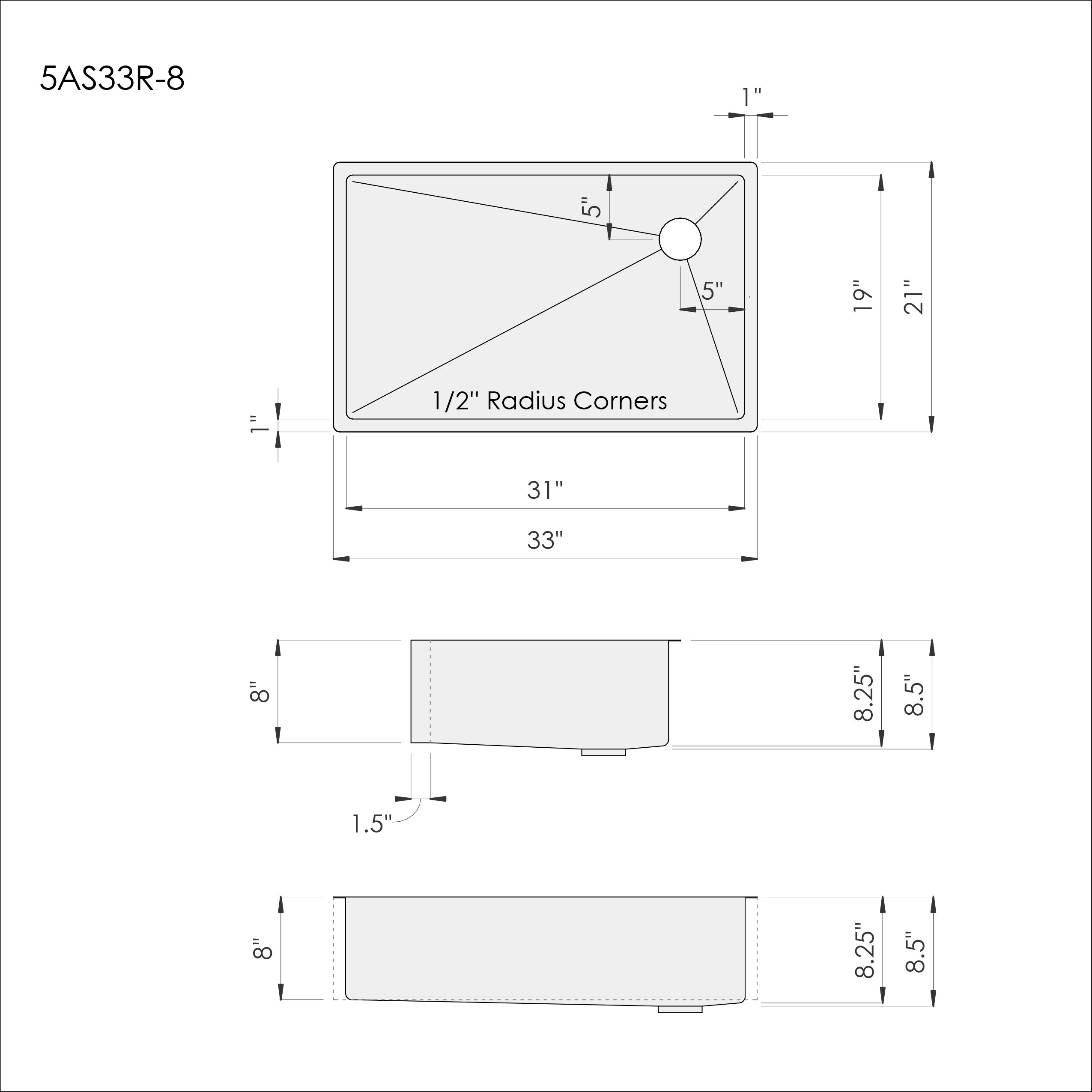 Dimensions of Create Good Sinks' 33 inch apron front undermount stainless steel kitchen sink with single bowl and offset drain and 8 inch depth