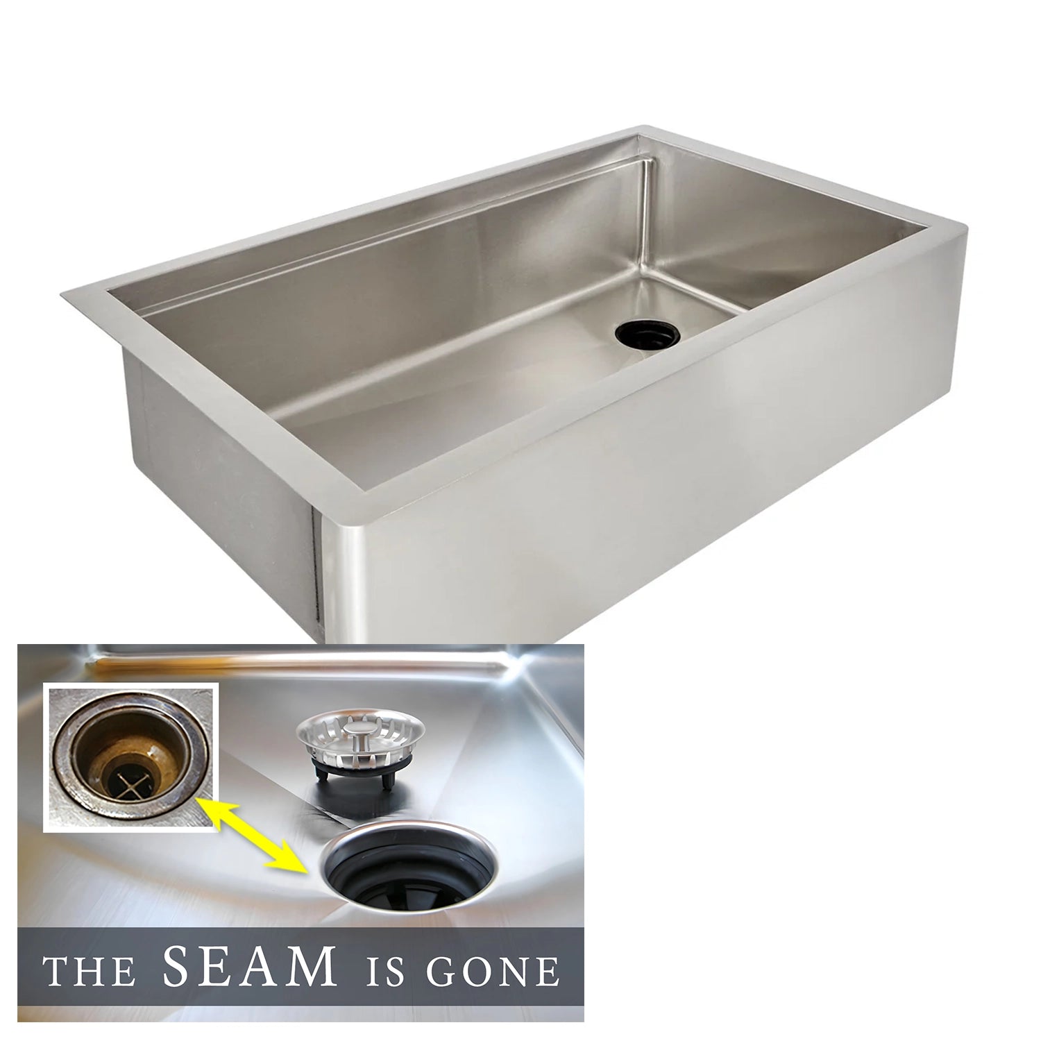 33 inch stainless steel farmhouse sink with workstation ledge and offset drain.