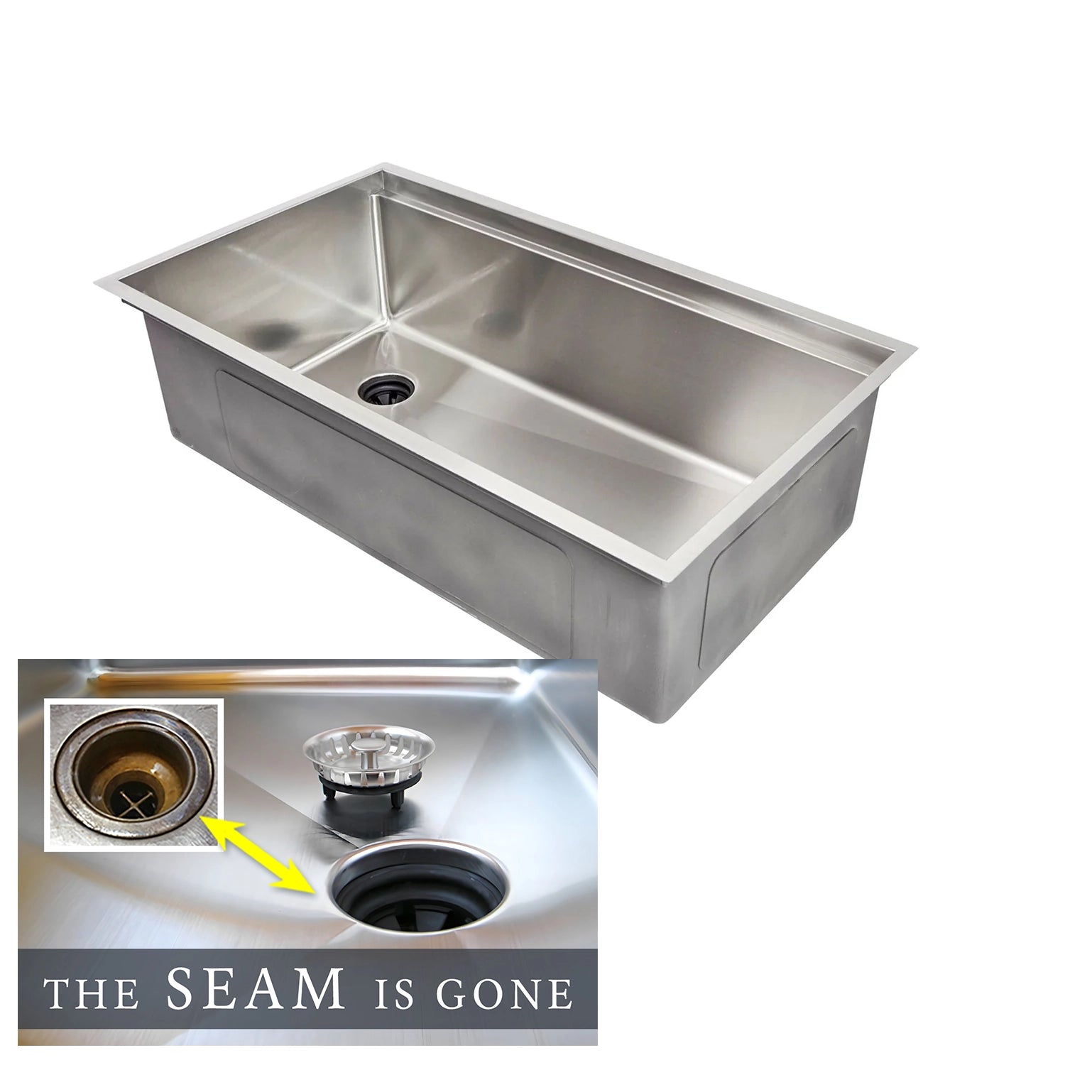The Seam is Gone. 33 inch undermount stainless steel workstation kitchen sink with left drain and ten inch depth for 36 inch cabinet
