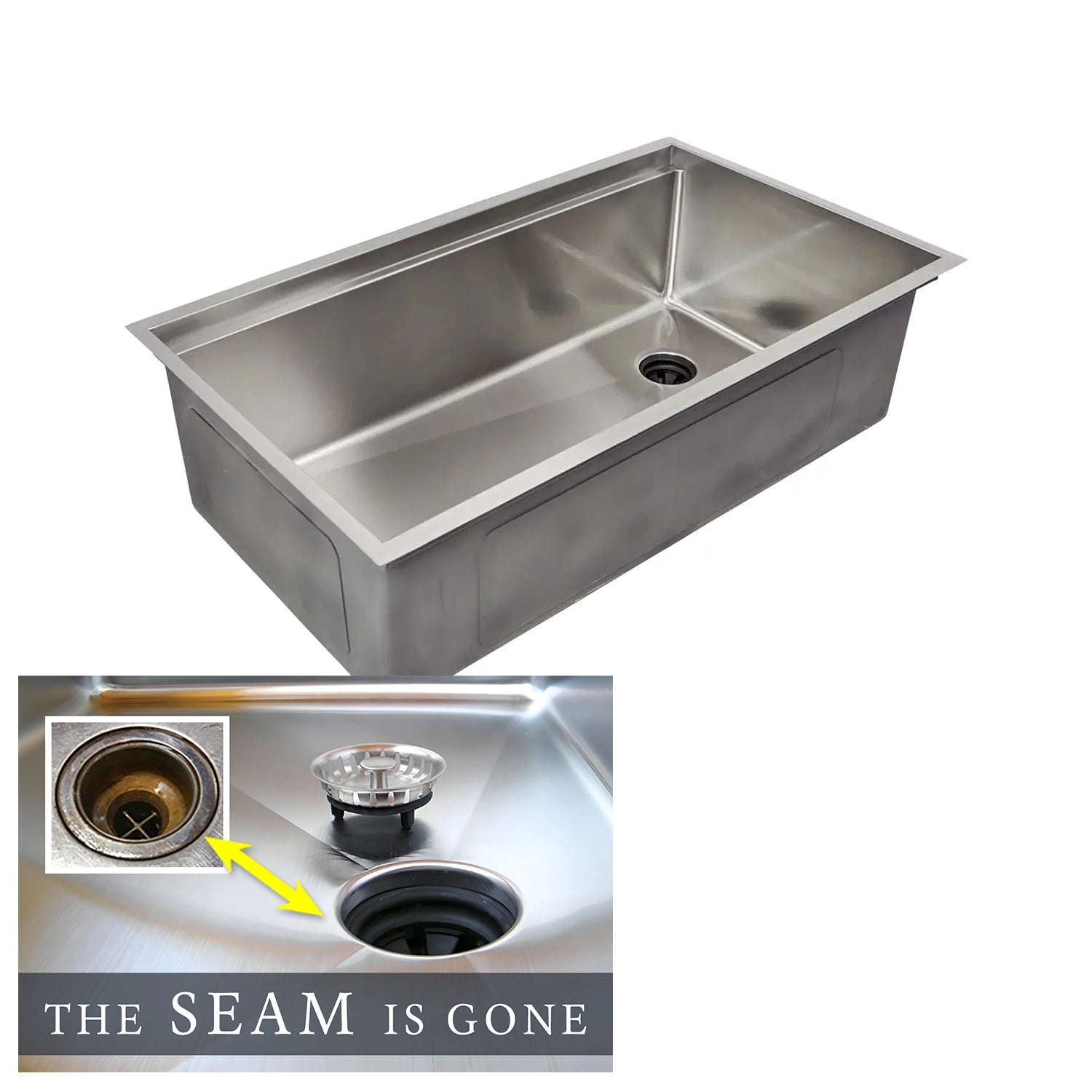 The Seam is Gone. Create Good Sinks’ 33 Inch Workstation sink with a 10 inch depth and underside drain attachment for a seamless drain.