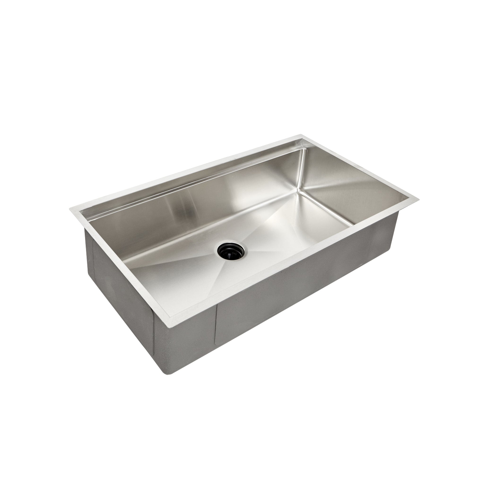 33-inch workstation sink with 8-inch depth, single bowl, and center drain. Made of 16-gauge stainless steel for durability and modern kitchen design.