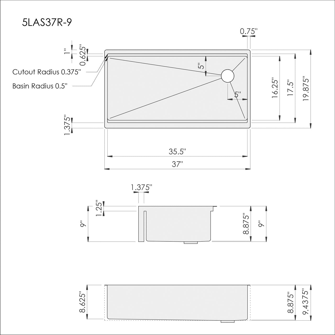 Dimensions of Create Good Sinks' 37 inch farmhouse workstation kitchen sink. High end stainless steel and offset drain right