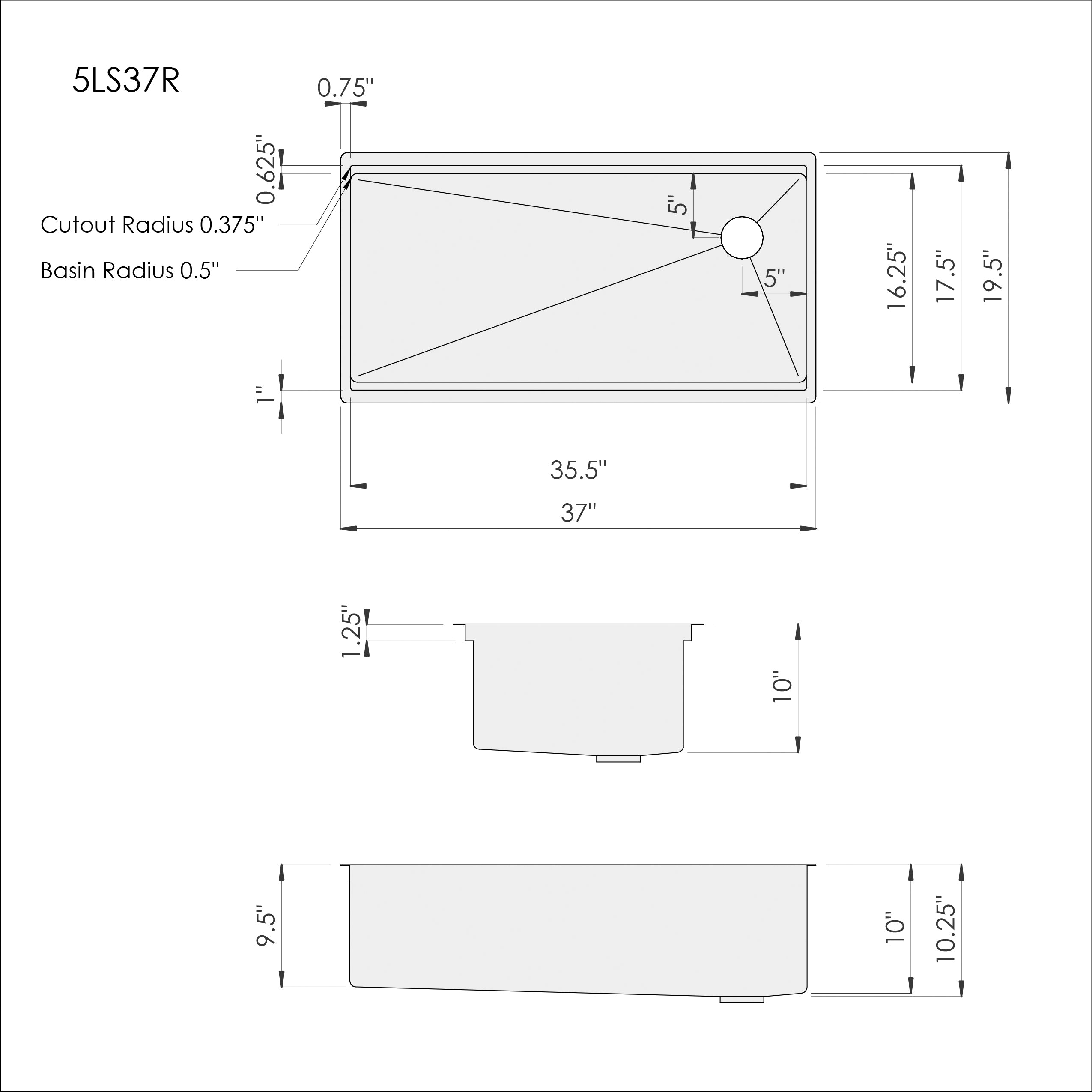 Technical drawing of the 37-inch workstation kitchen sink with offset right drain. Includes dimensions and specifications for precise installation.