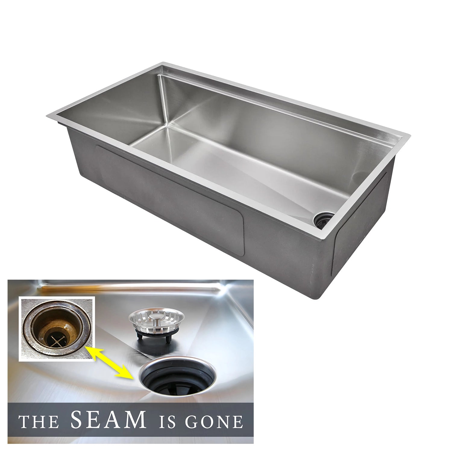37-inch large workstation kitchen sink with offset right drain, made of 16-gauge stainless steel. Features a seamless drain design for easy cleaning. The Seam is Gone.