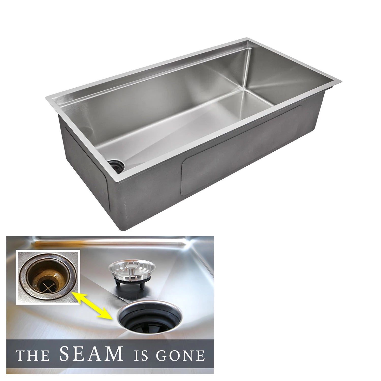 Create Good Sinks 37" stainless steel undermount workstation sink with offset reversible drain. The seam is gone.