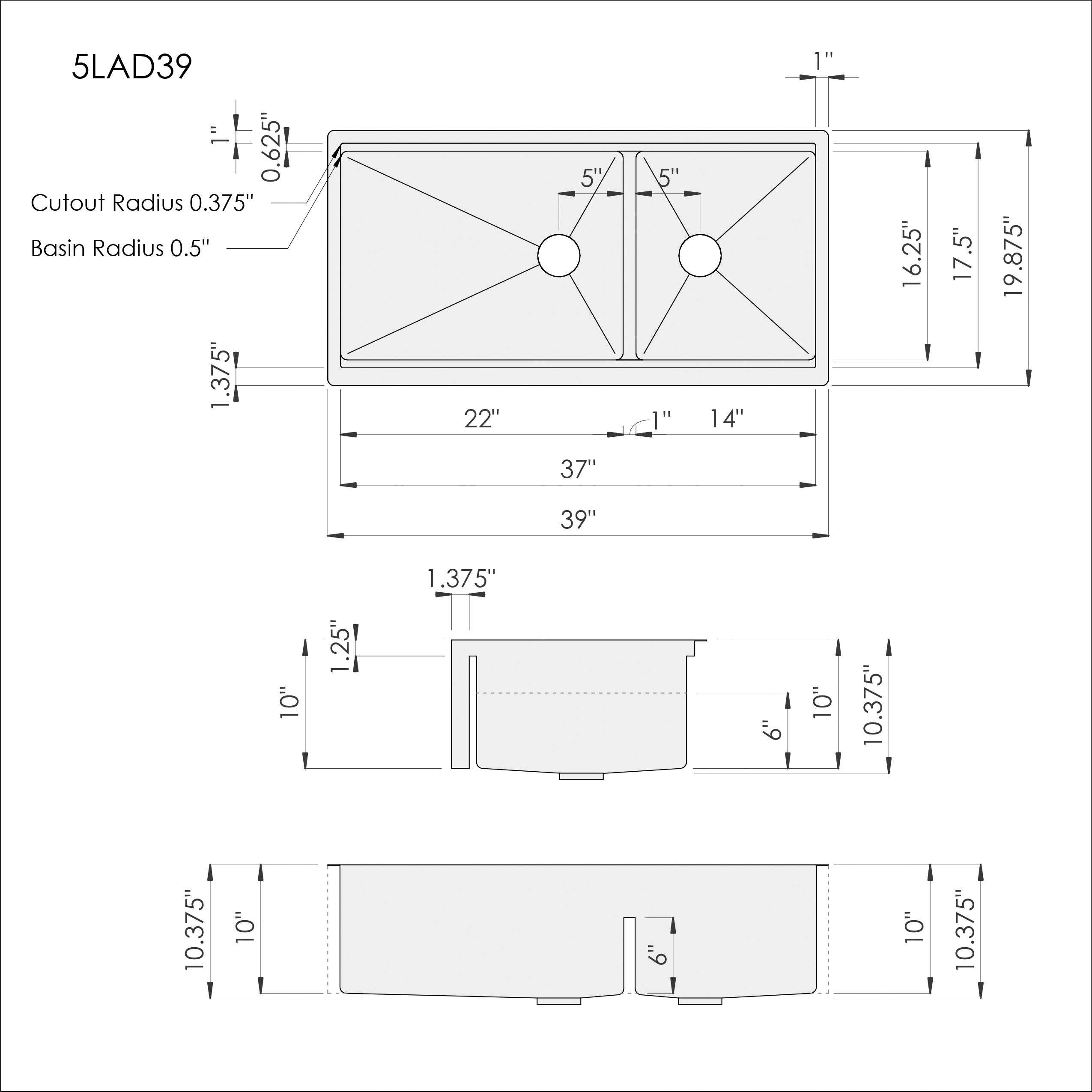 Dimensions of Create Good Sinks' 39 inch double bowl undermount stainless steel workstation sink