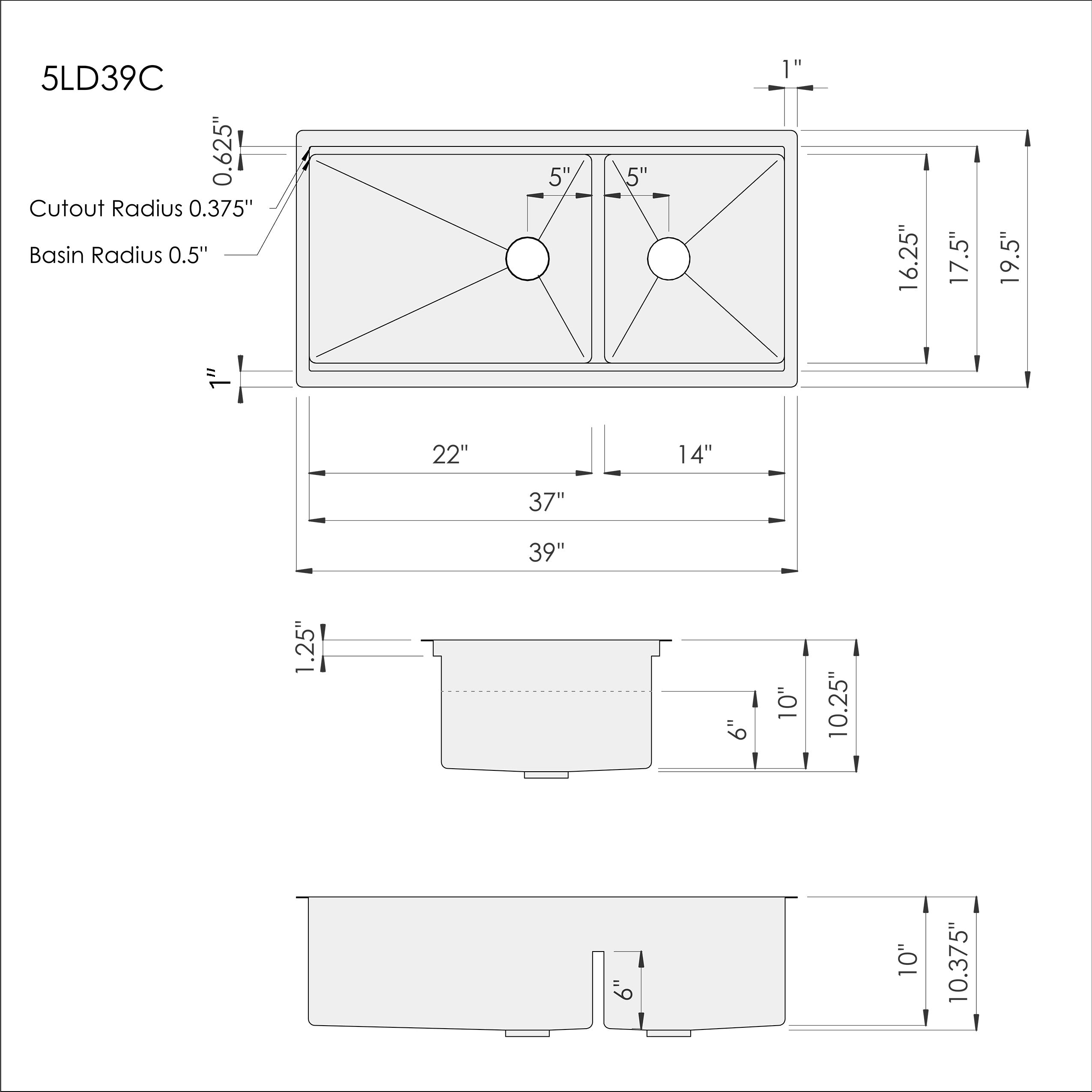 Dimensions of Create Good Sinks 39 inch stainless steel workstation kitchen sink. Double bowl sink with reversible design. Patented seamless drain and half inch radius corners. Smart low divider.