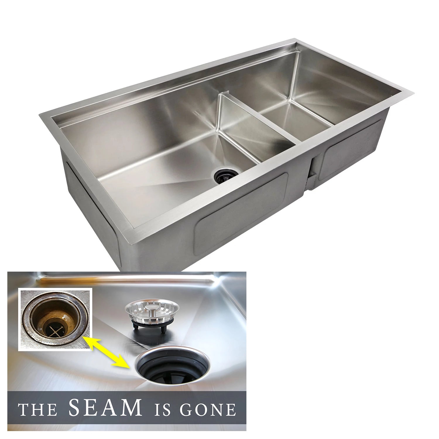The Seam is Gone. Create Good Sinks large 39 inch double bowl workstation sink in stainless steel with smart low divider