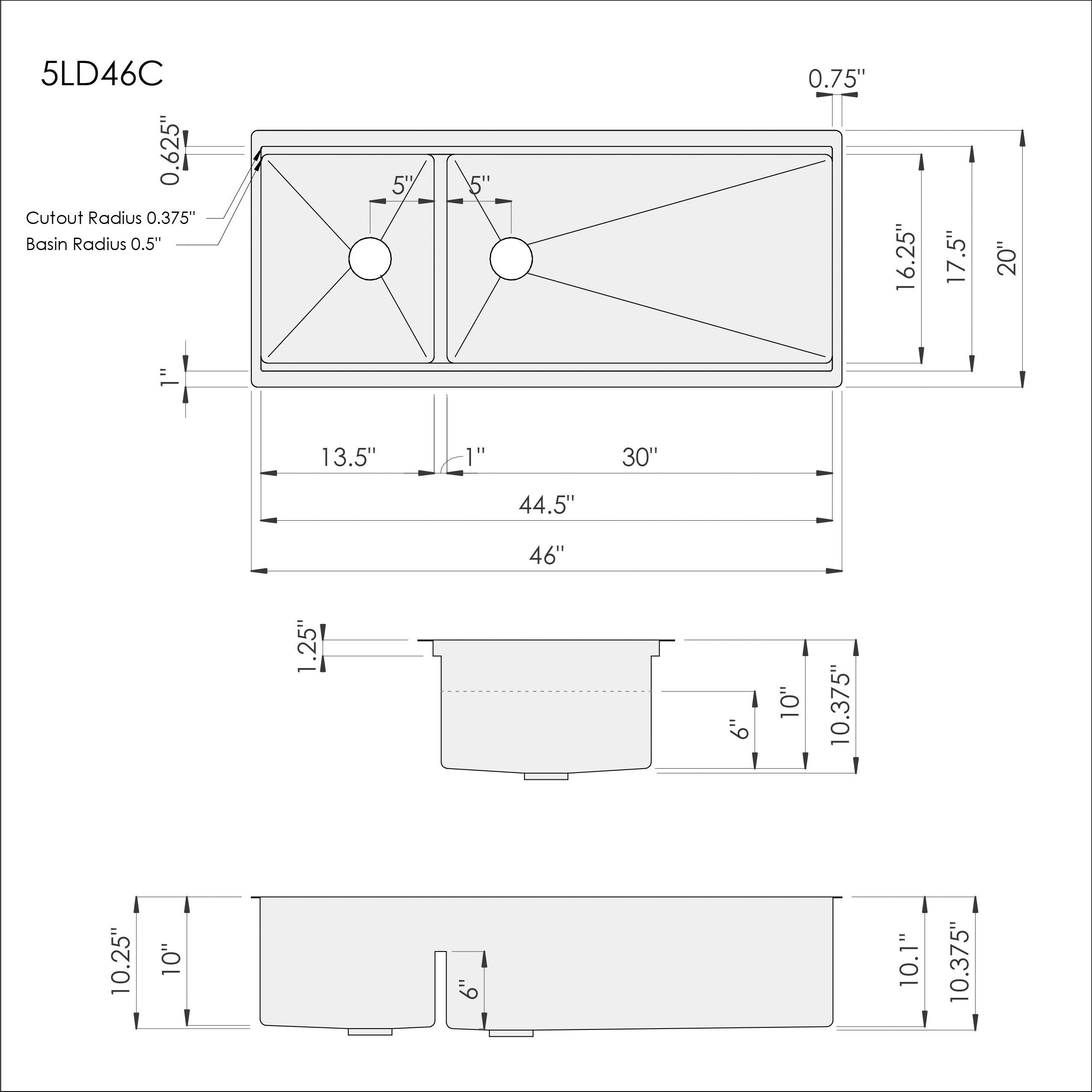 Technical drawing of the 46-inch double bowl workstation sink, detailing dimensions, cutout specifications, and installation guidelines.