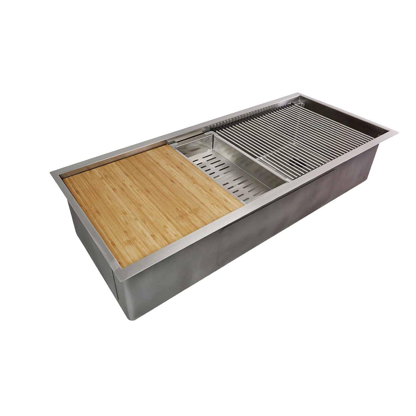 Stainless steel double bowl workstation sink with integrated accessories, including a bamboo cutting board and drying rack for enhanced functionality.