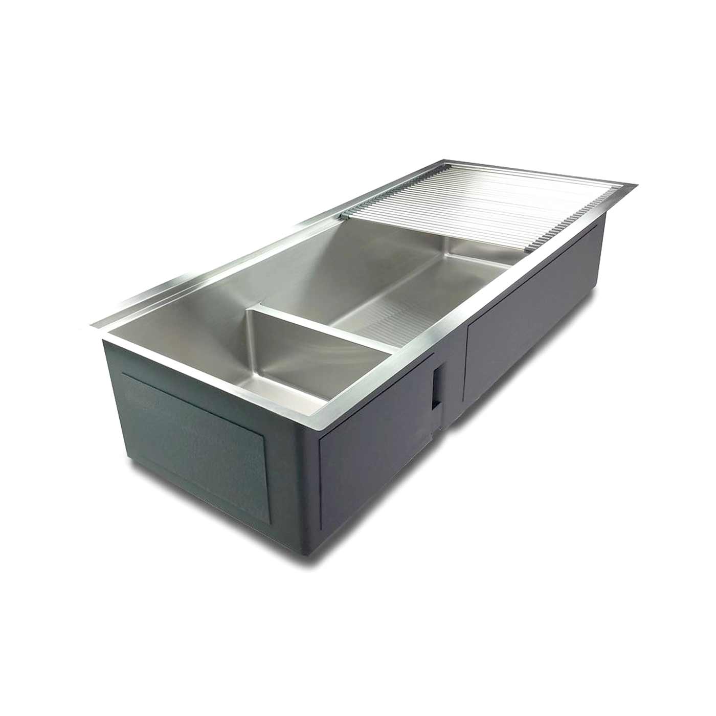 46-inch large workstation kitchen sink with double bowl design and reversible installation. Features a low divide and seamless stainless steel construction.
