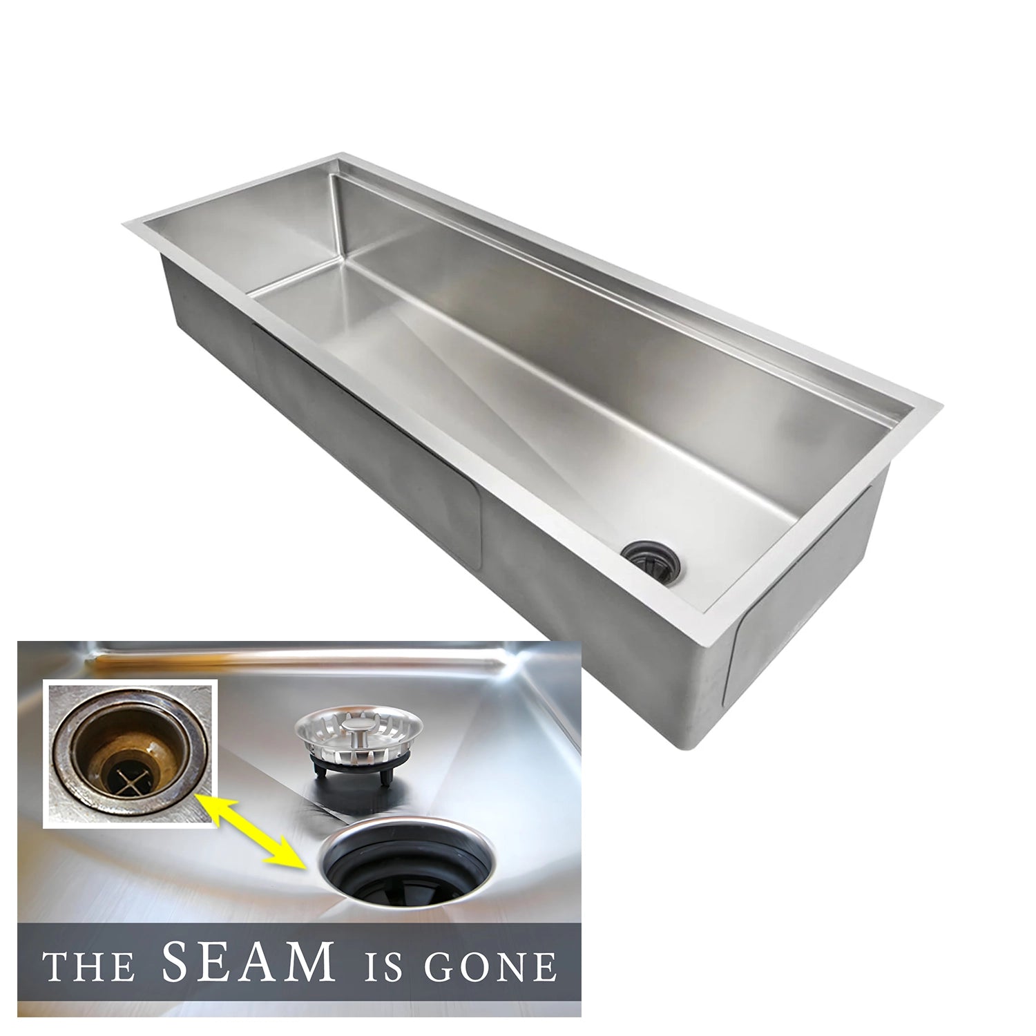 The Seam is Gone. 46-inch large workstation kitchen sink with a single bowl and offset drain, featuring a sleek stainless steel design for modern kitchens.
