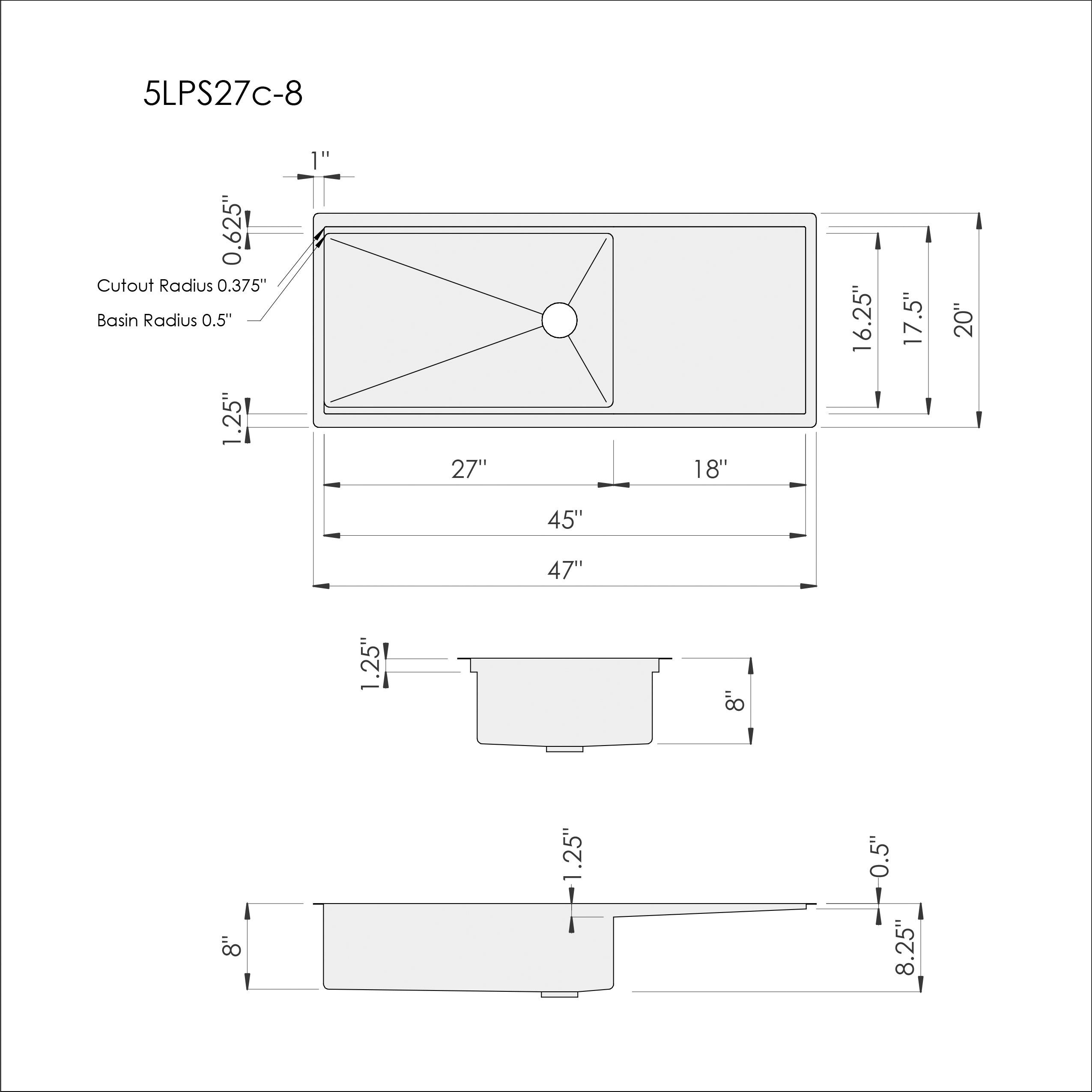 Dimensions for Create Good Sinks 47 inch stainless steel undermount workstation drainboard sink. Reversible design, 27 inch bowl, single bowl, 8 inch depth. 5LPS27c8