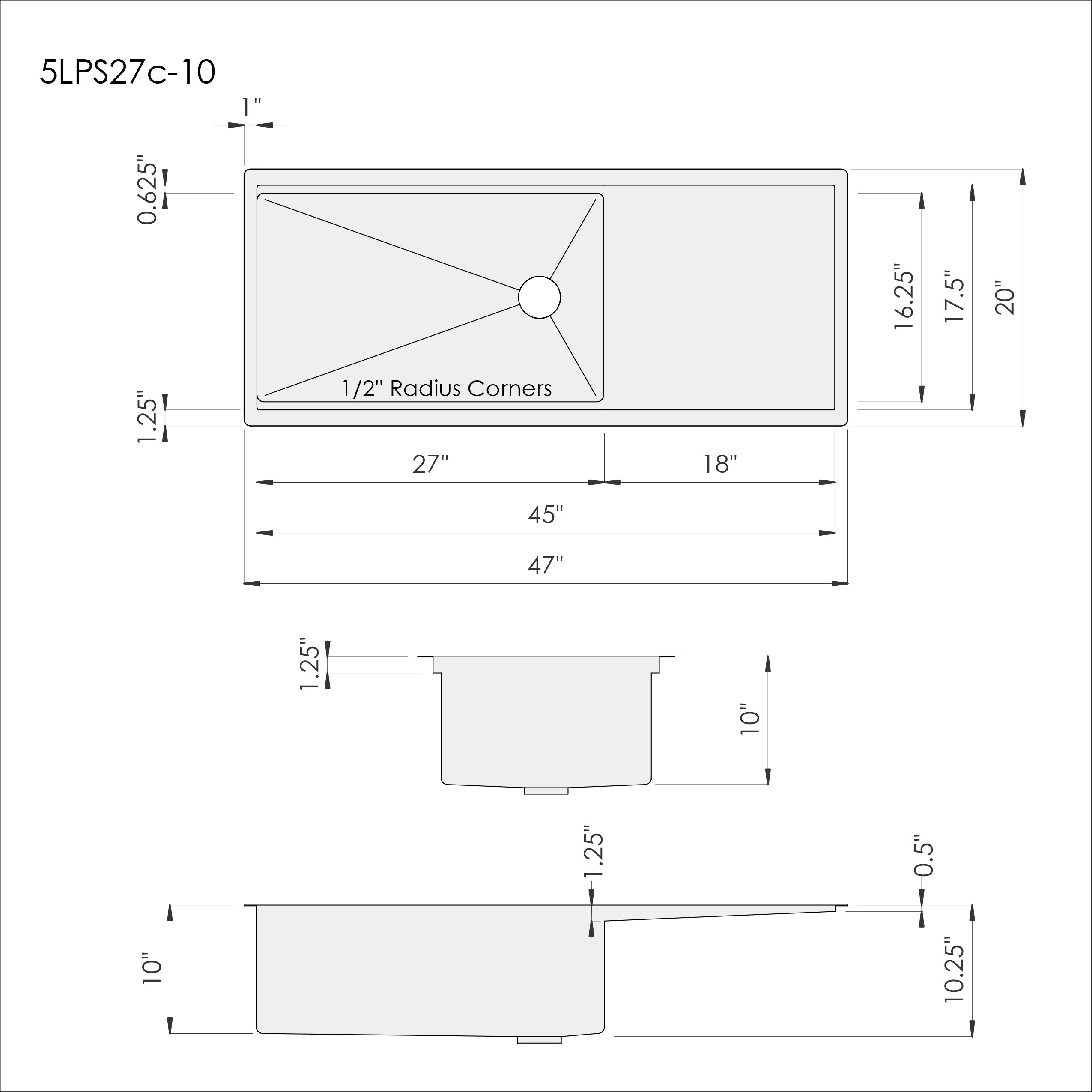 Dimensions for Create Good Sinks 47 inch stainless steel undermount workstation drainboard sink. Reversible design, 27 inch bowl, single bowl, 10 inch depth. 5LPS27c-10