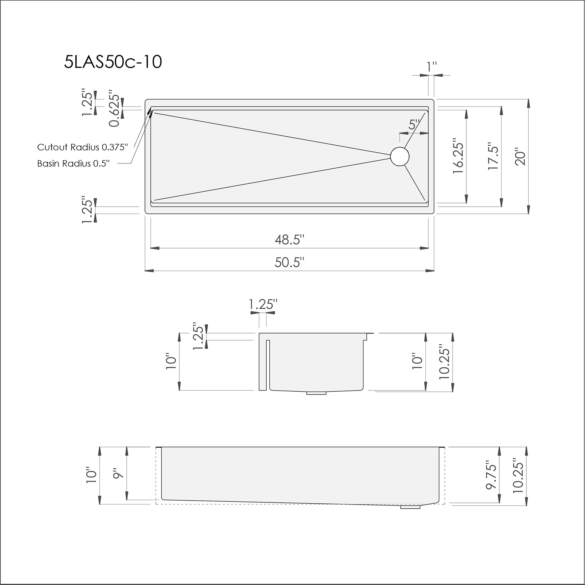 Dimensions of Create Good Sinks' 50 inch undermount apron front workstation sink. Stainless steel, single bowl, offset drain to the right with 10" depth, farmhouse sink.