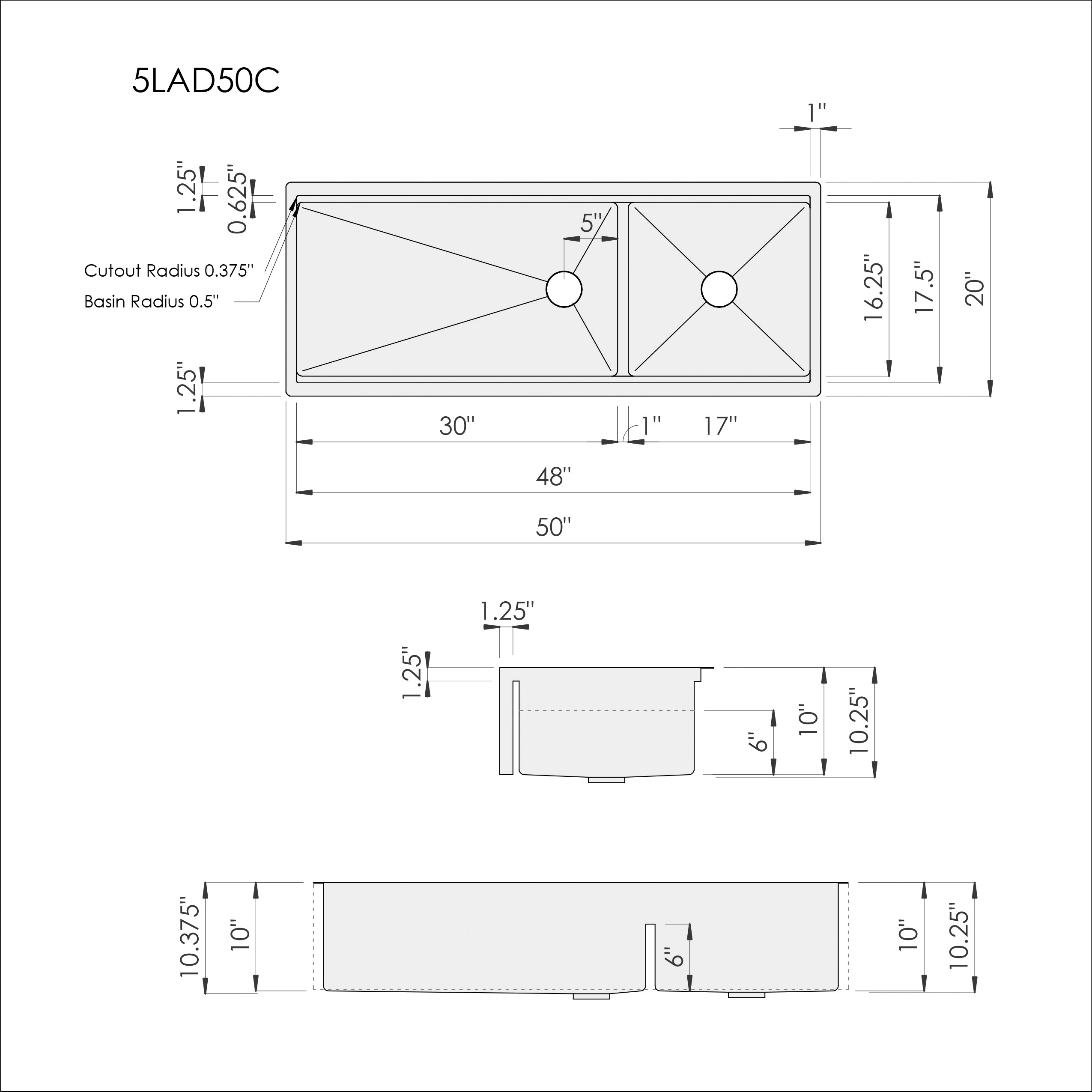 Dimensions of Create Good Sinks' 50 inch double bowl workstation sink with farmhouse style apron front